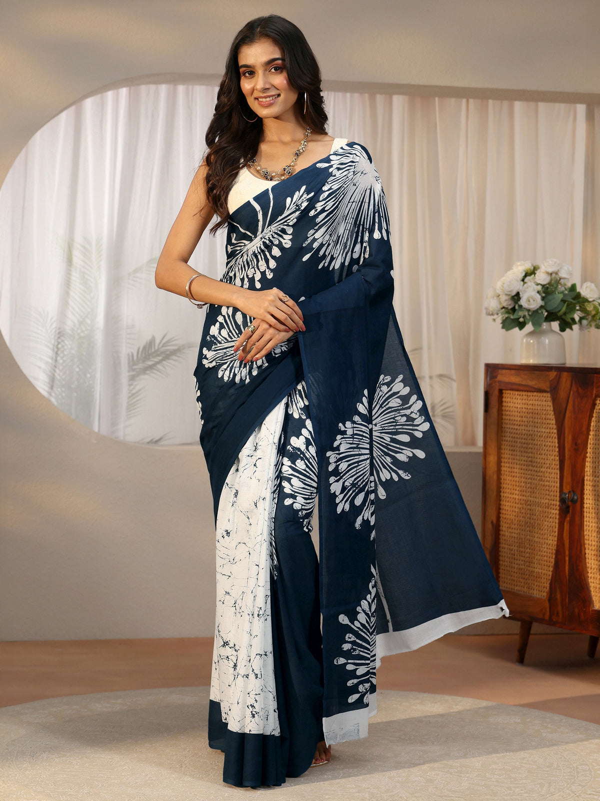 Anouk Navy Blue Screen Printed Cotton Saree
