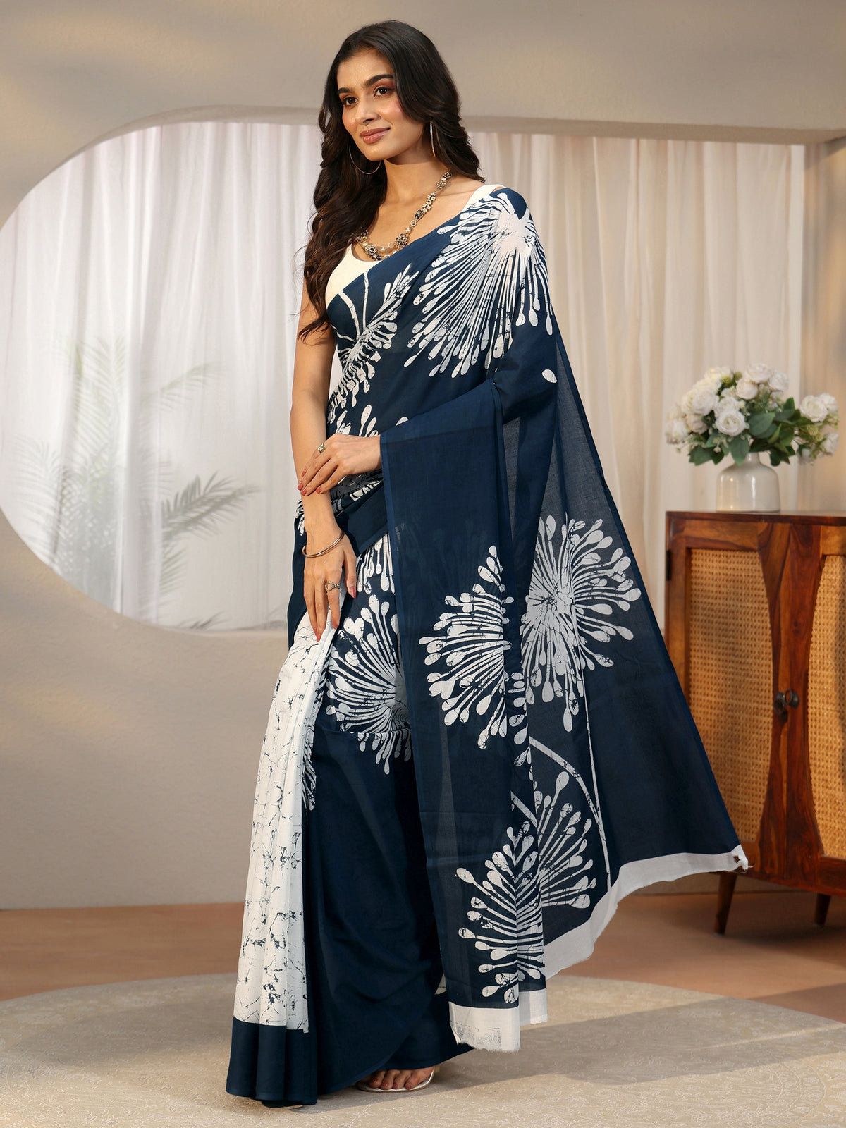 Anouk Navy Blue Screen Printed Cotton Saree