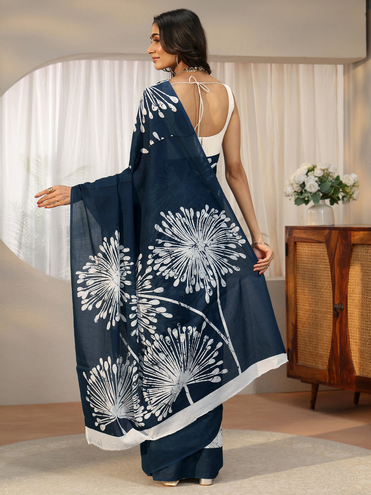 Anouk Navy Blue Screen Printed Cotton Saree