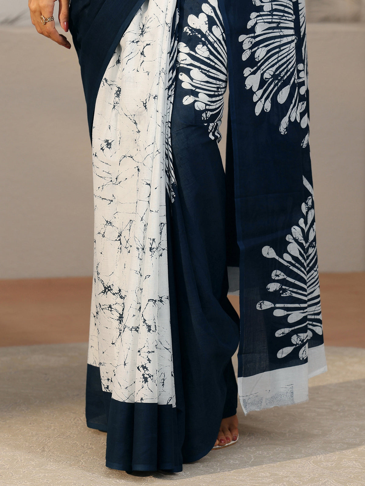 Anouk Navy Blue Screen Printed Cotton Saree