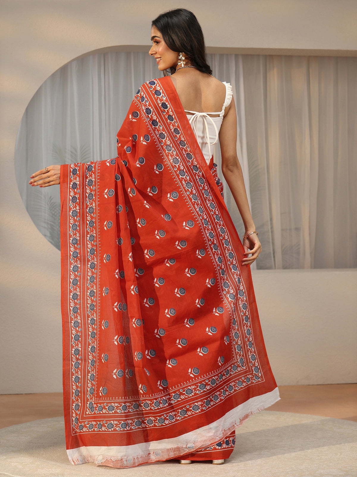 Anouk Orange Floral Block Print Cotton Saree