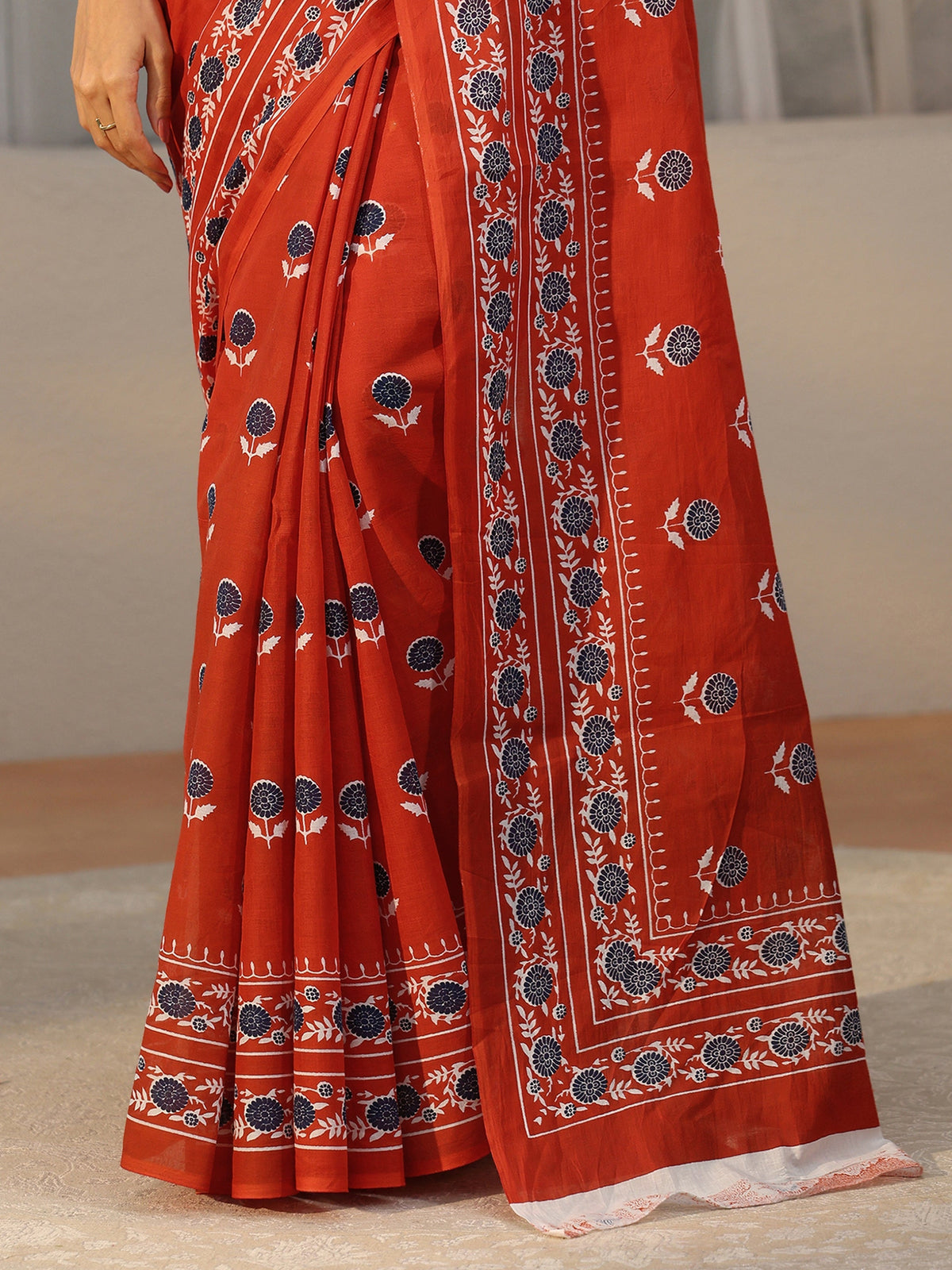 Anouk Orange Floral Block Print Cotton Saree