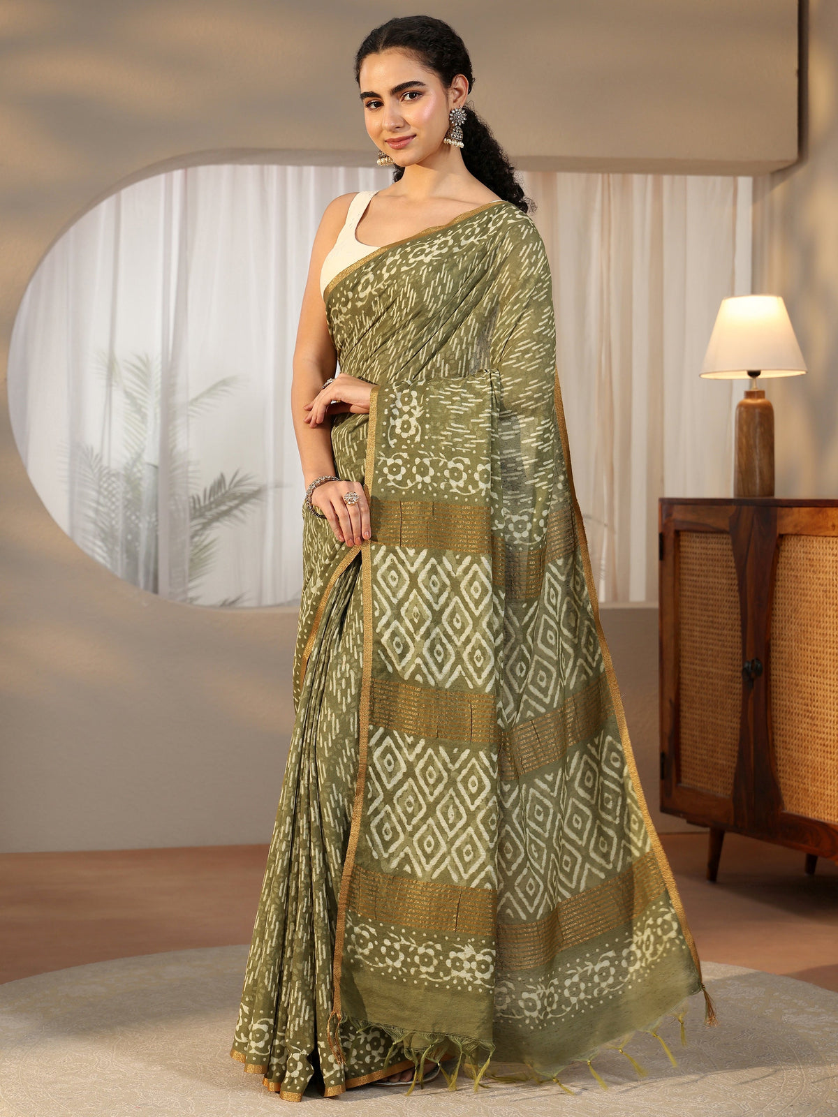 Anouk Olive Green Batik Printed Cotton Saree