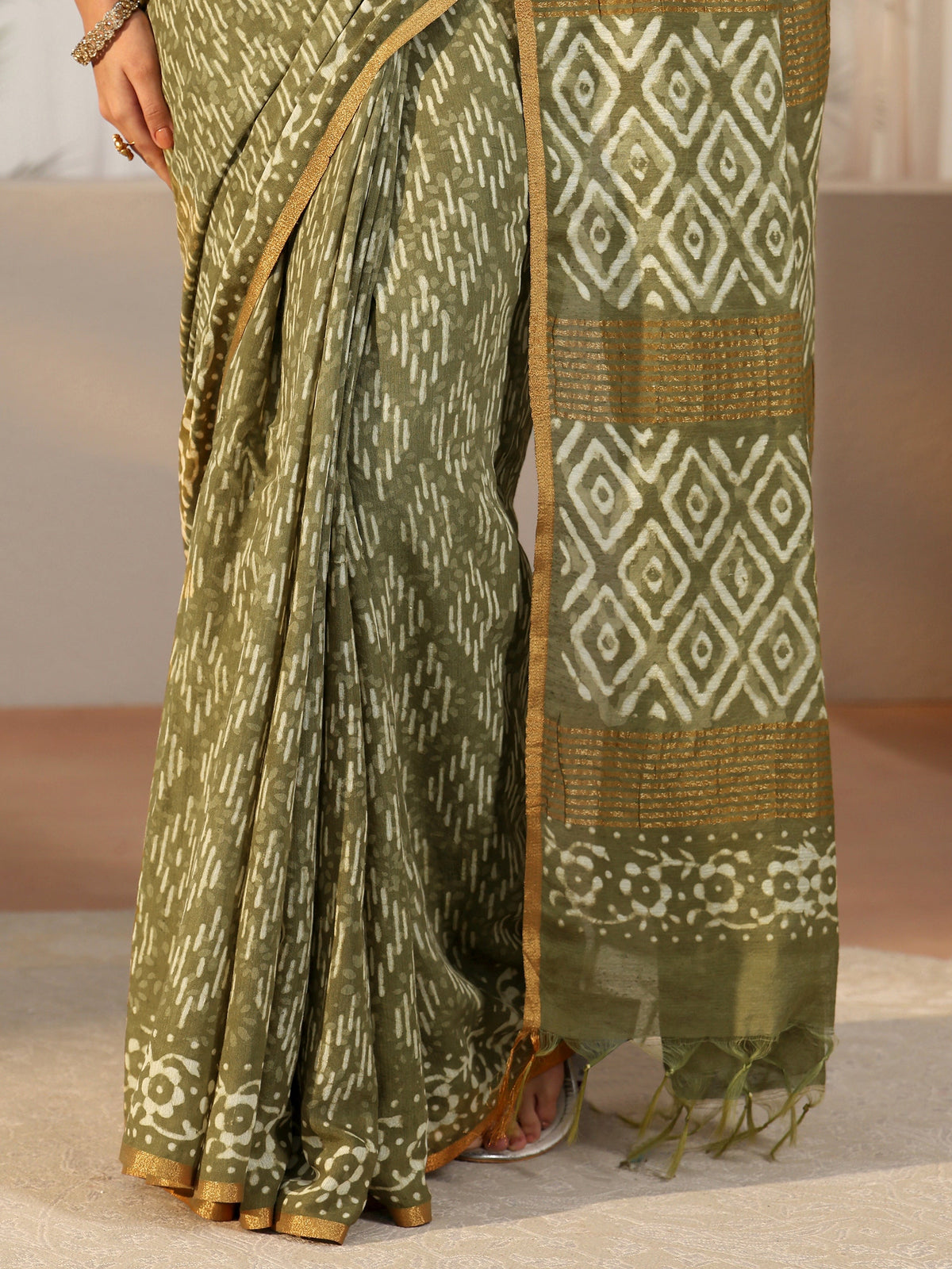 Anouk Olive Green Batik Printed Cotton Saree