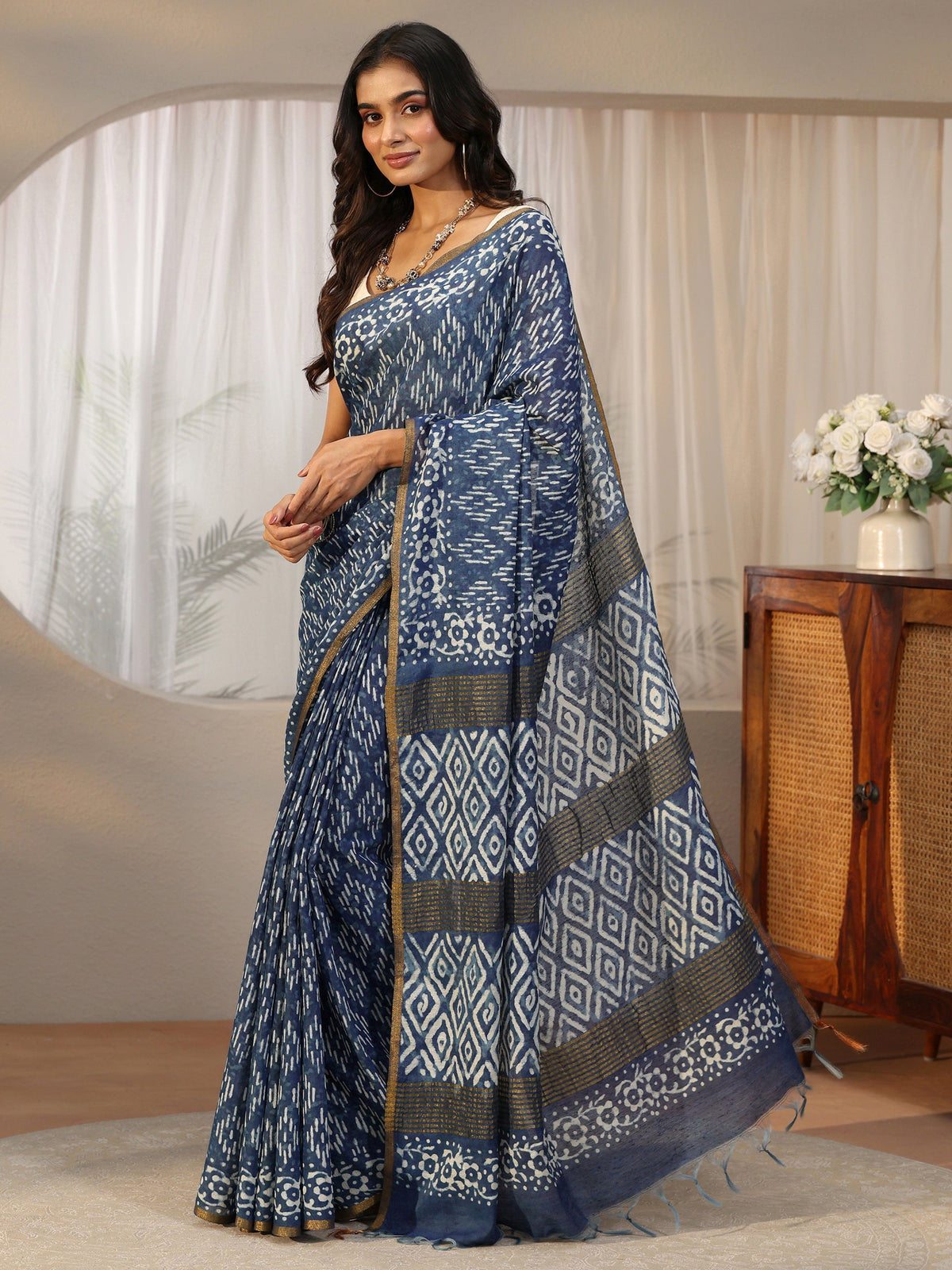 Anouk Indigo Blue Dabu Print Cotton Saree