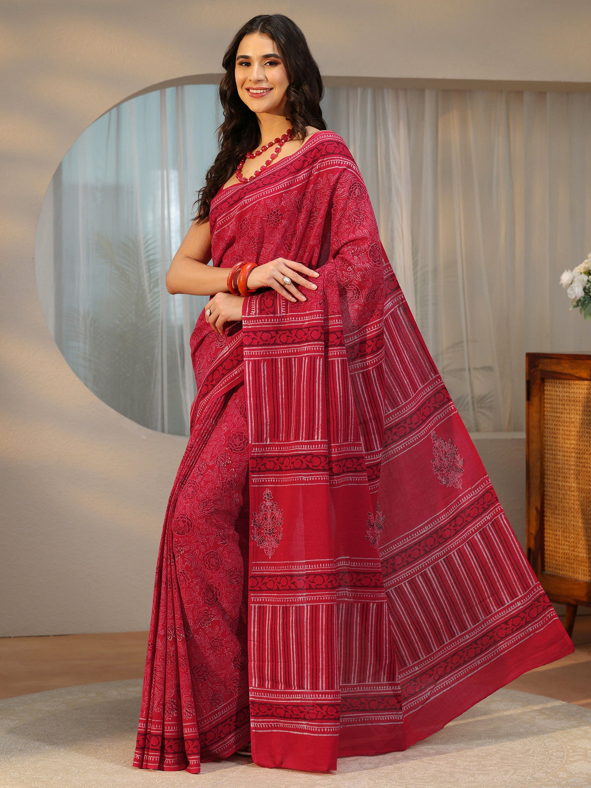 Anouk Crimson Red Floral Printed Cotton Saree