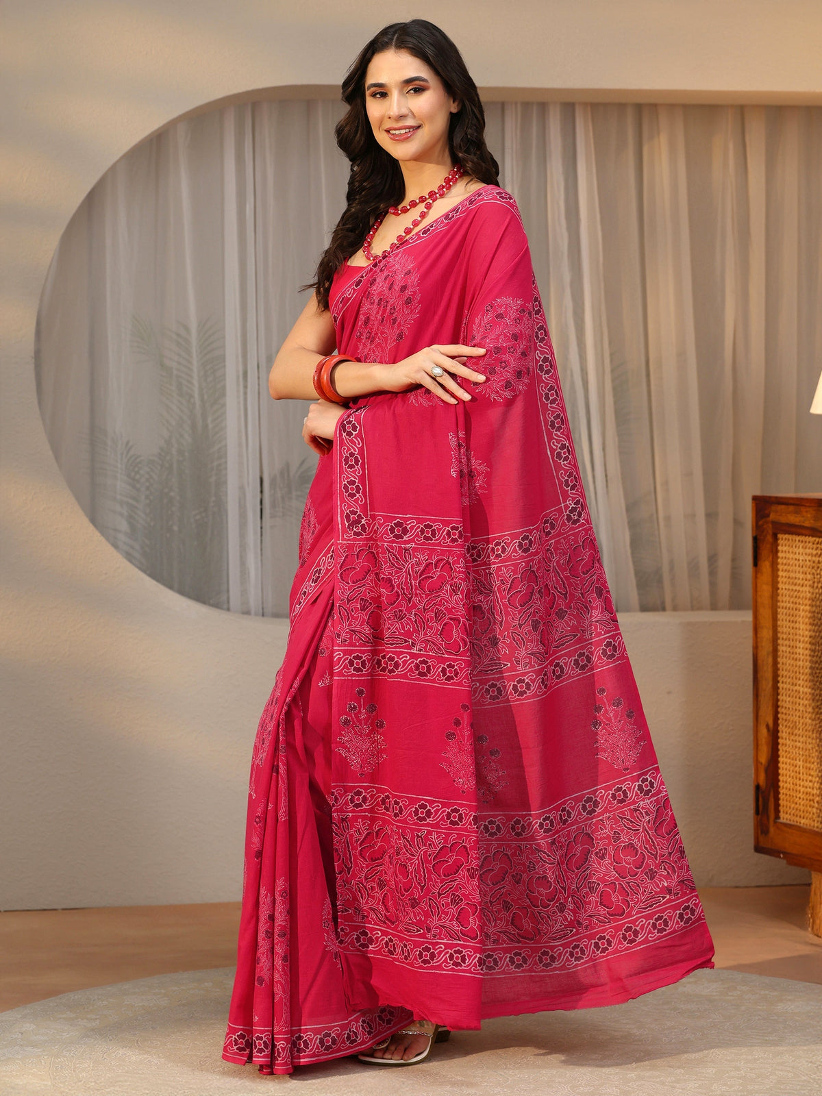Anouk Crimson Red Block Print Cotton Saree