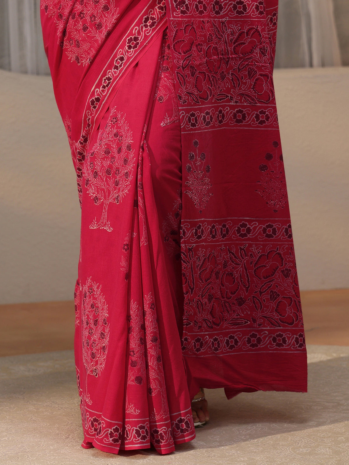 Anouk Crimson Red Block Print Cotton Saree