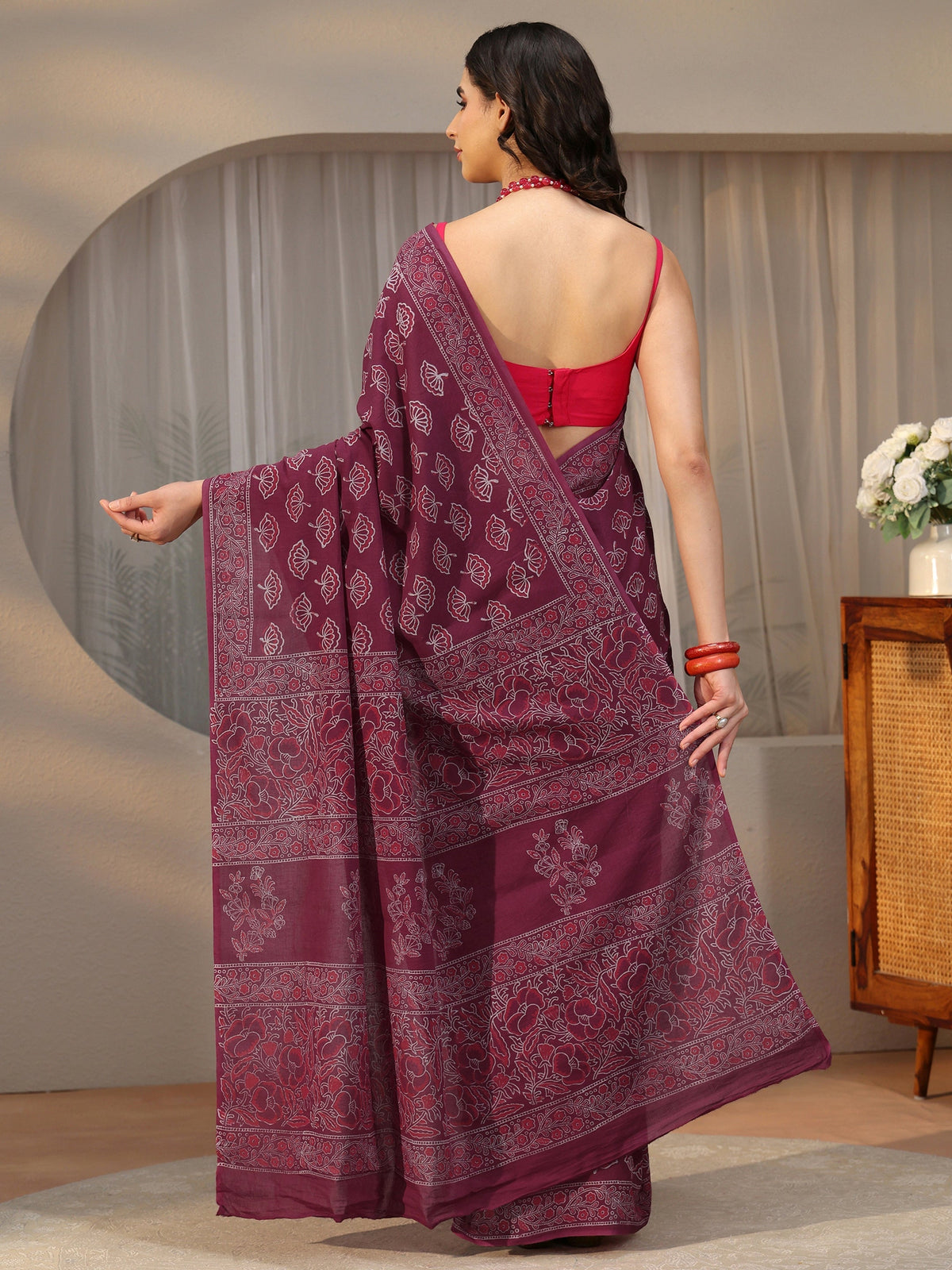 Anouk Wine Red Block Print Cotton Saree
