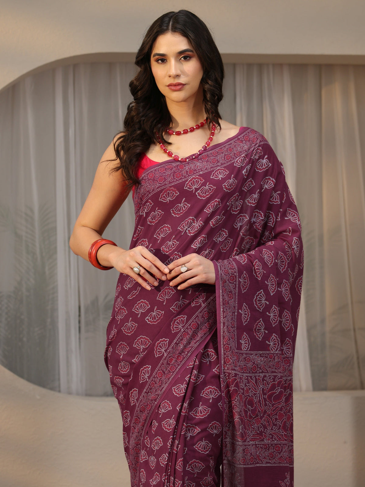 Anouk Wine Red Block Print Cotton Saree