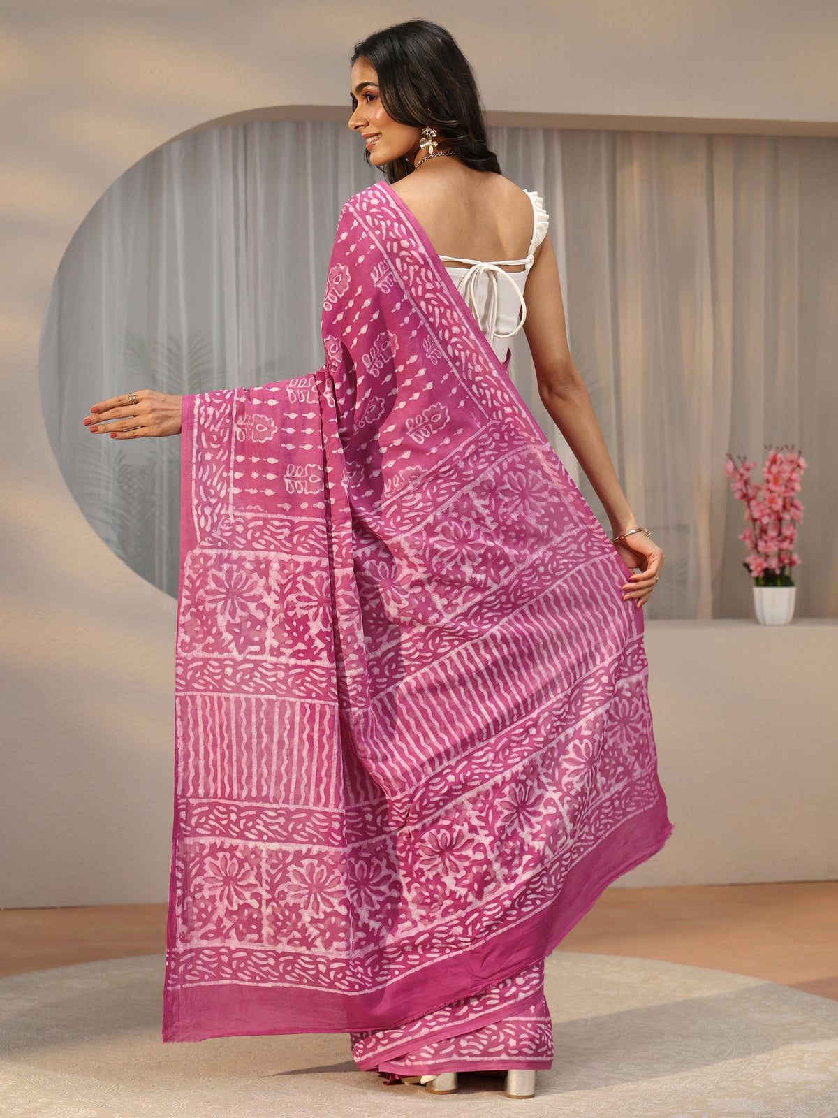 Anouk Dusty Rose Pink Dabu Print Cotton Saree