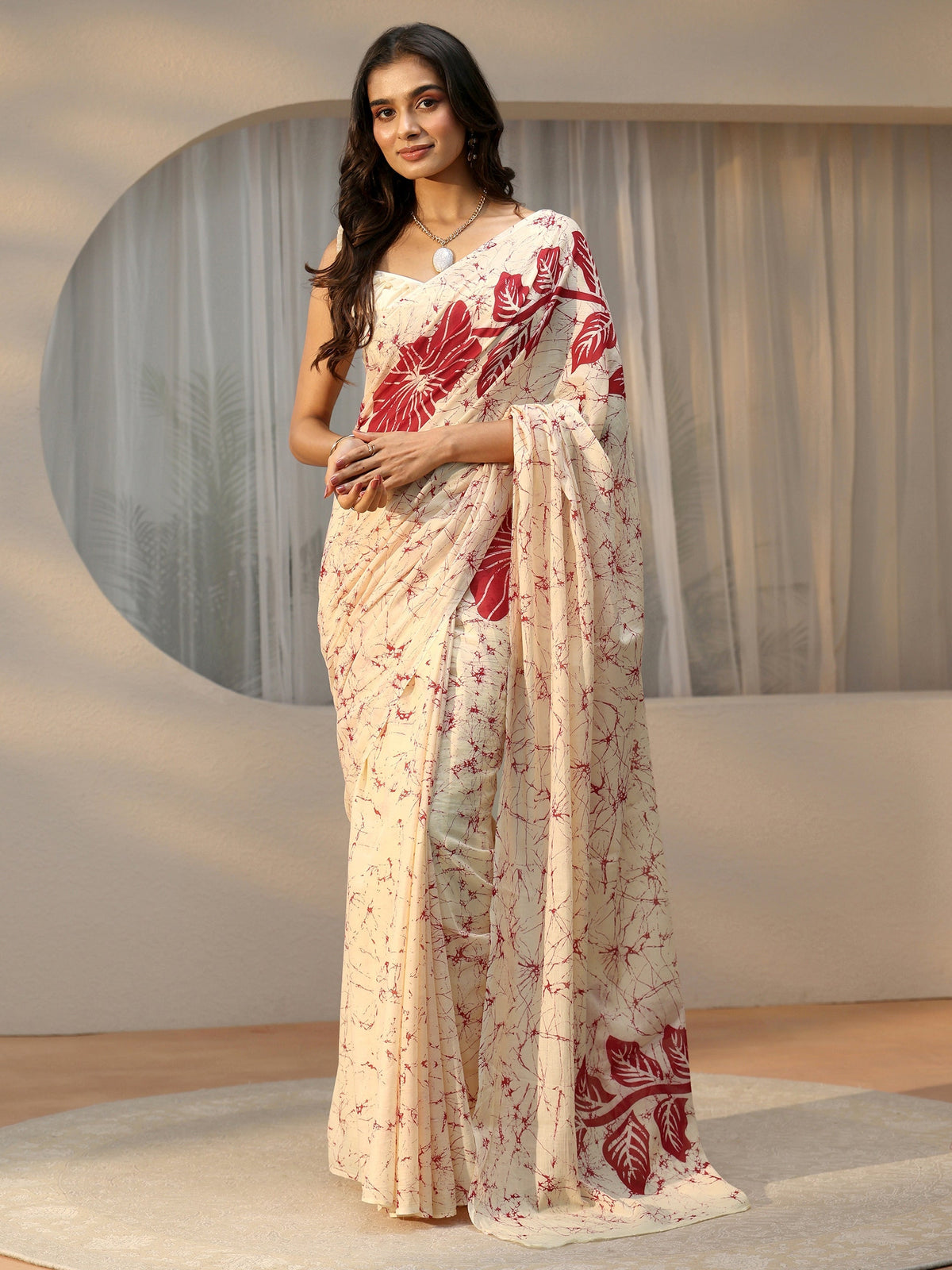 Anouk Cream Screen Printed Floral Cotton Saree