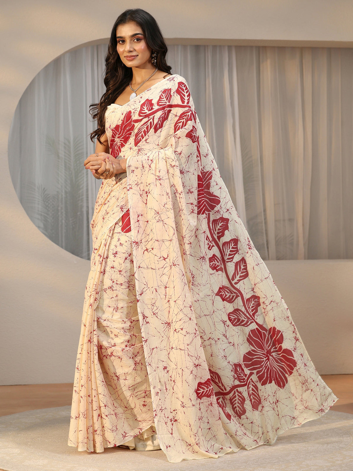 Anouk Cream Screen Printed Floral Cotton Saree