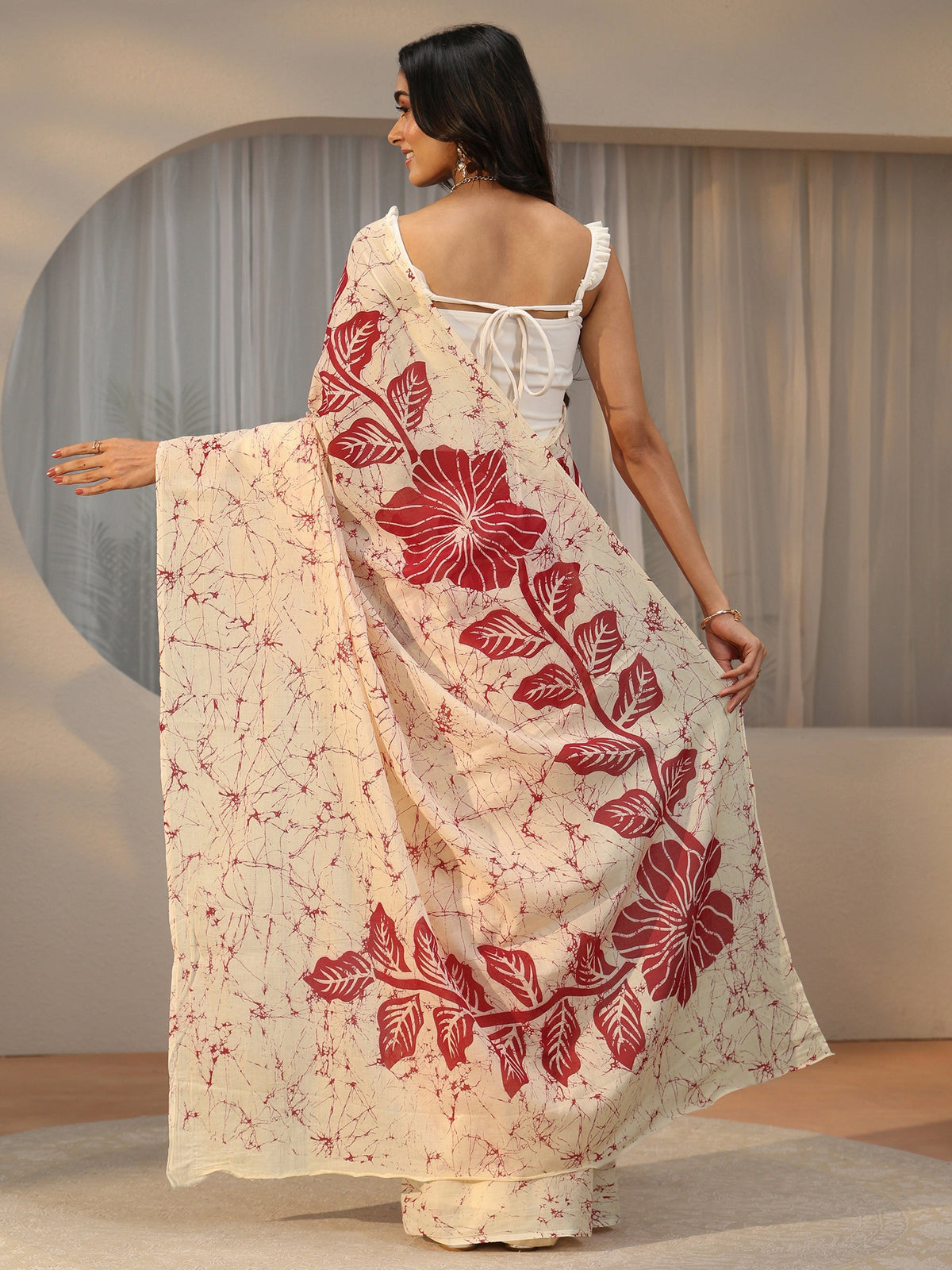 Anouk Cream Screen Printed Floral Cotton Saree