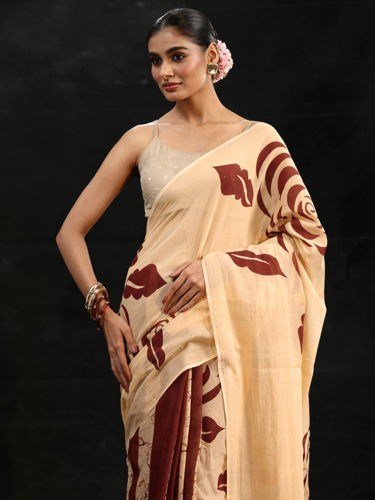 Anouk Cream Rosette Print Cotton Saree