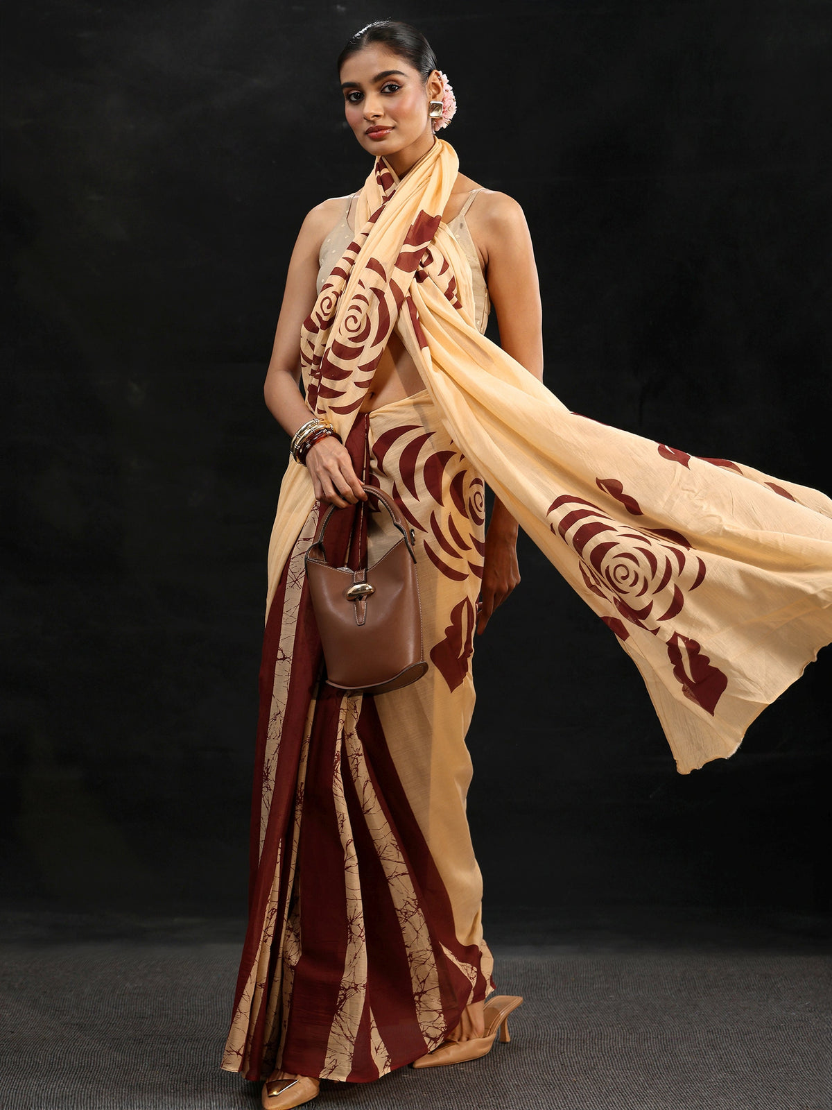 Anouk Cream Rosette Print Cotton Saree