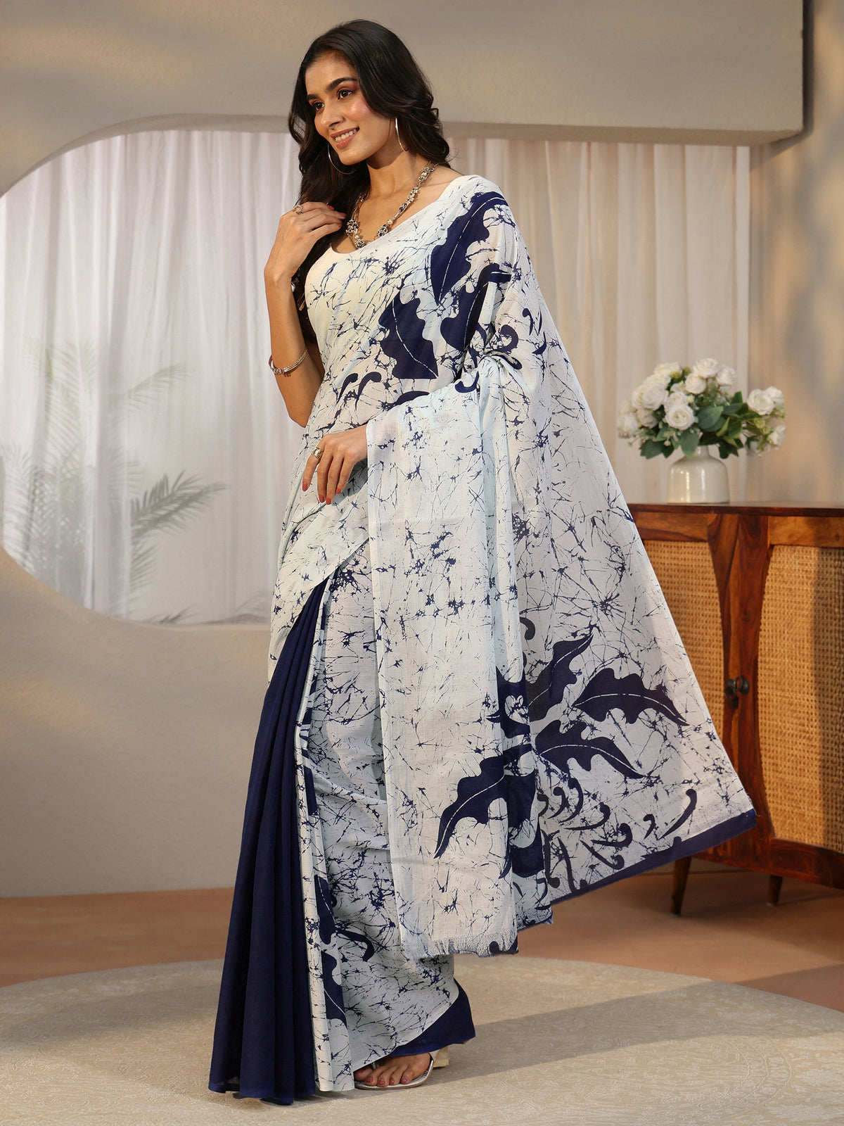 Anouk Navy Blue Screen Printed Saree