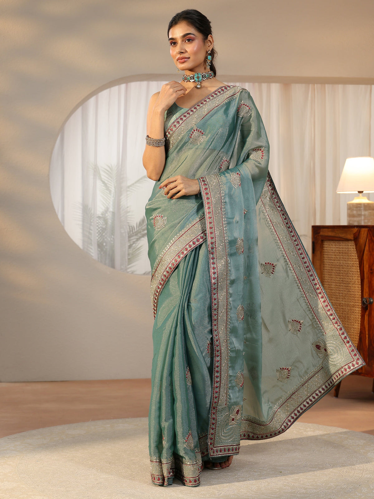 Anouk Sea Green Embellished Tissue saree