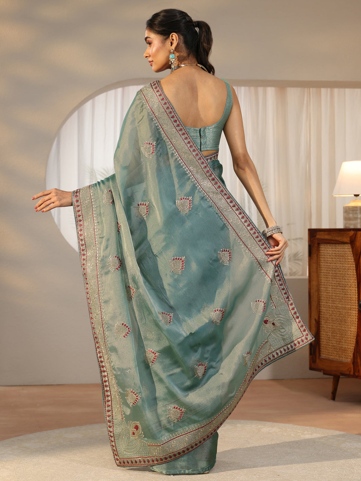 Anouk Sea Green Embellished Tissue saree