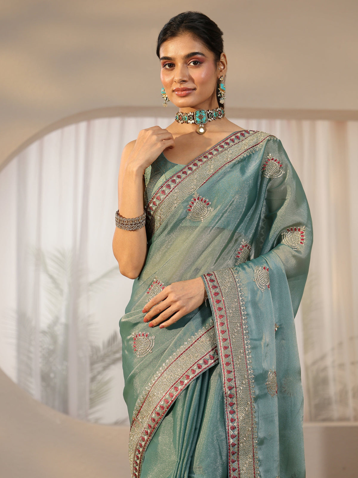 Anouk Sea Green Embellished Tissue saree