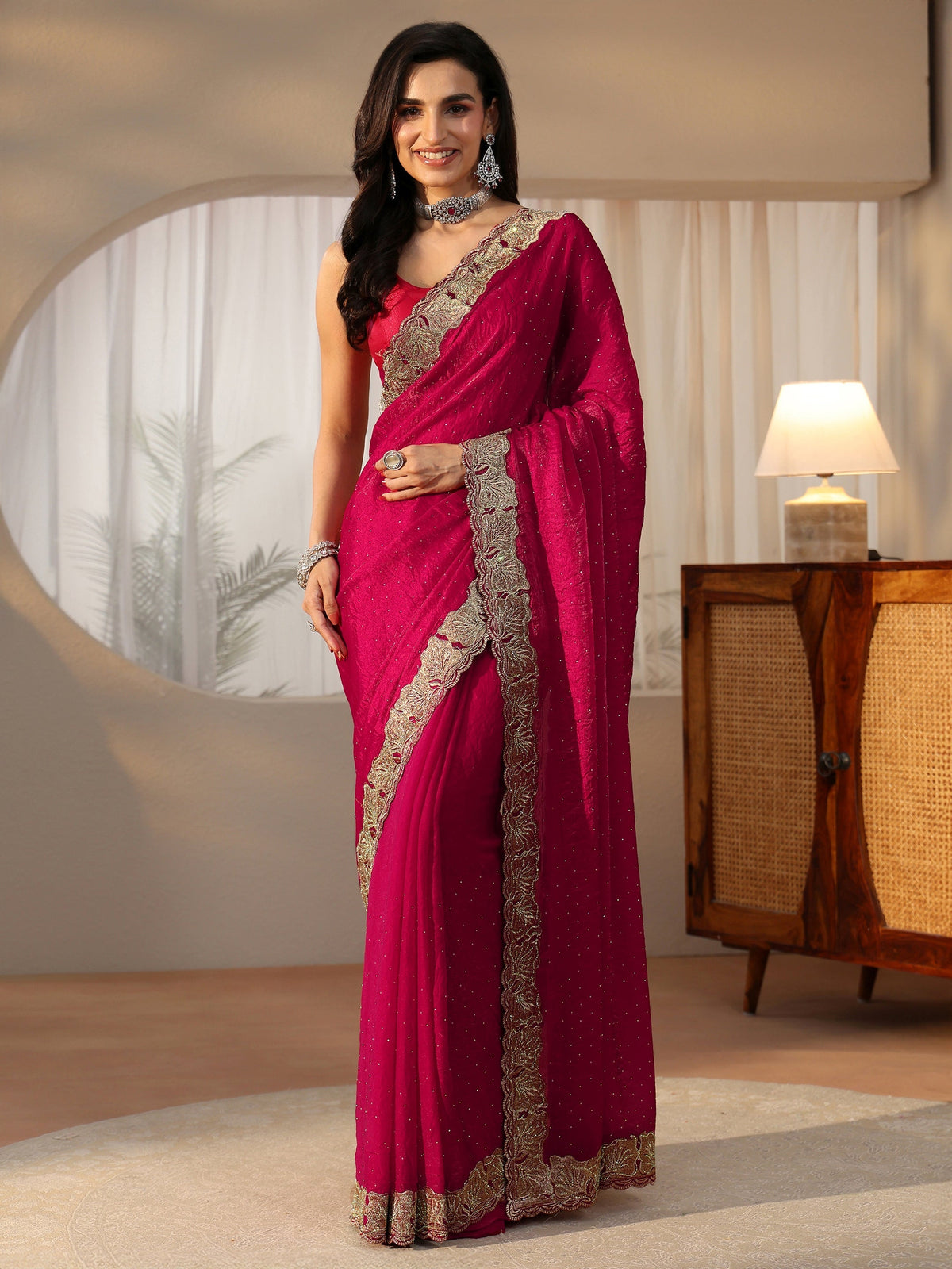 Anouk Rose Pink Embellished Tissue saree