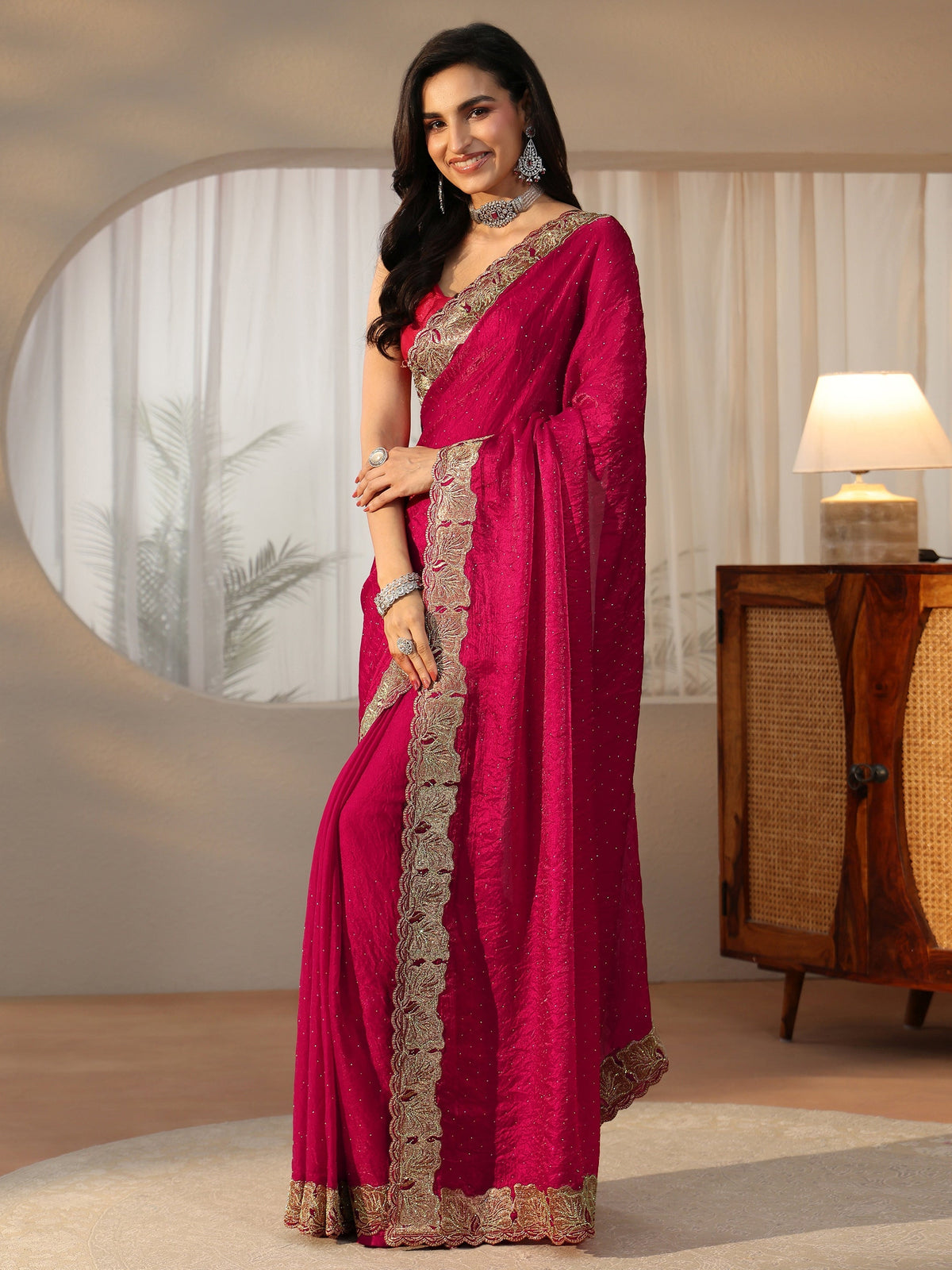 Anouk Rose Pink Embellished Tissue saree