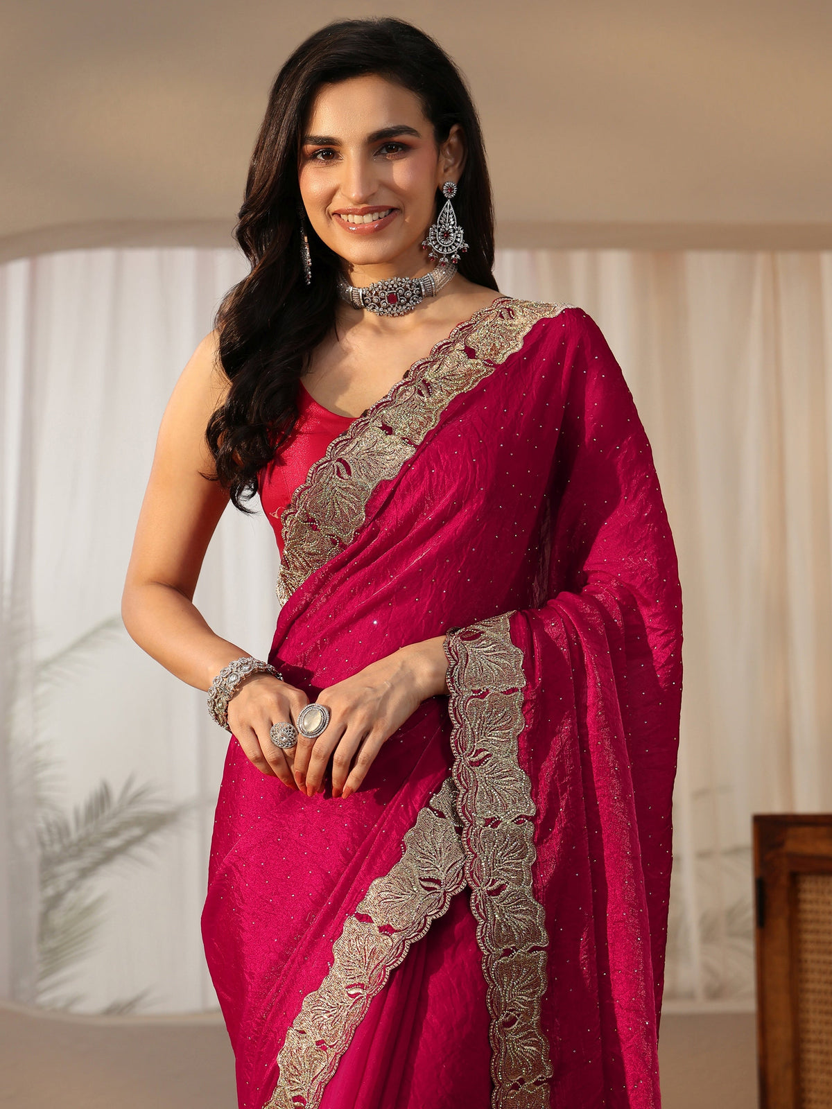 Anouk Rose Pink Embellished Tissue saree
