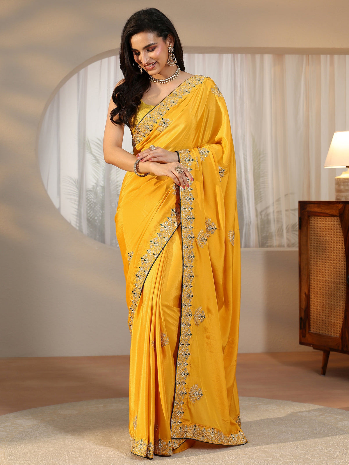 Anouk Mustard Floral Embroidered Satin Saree