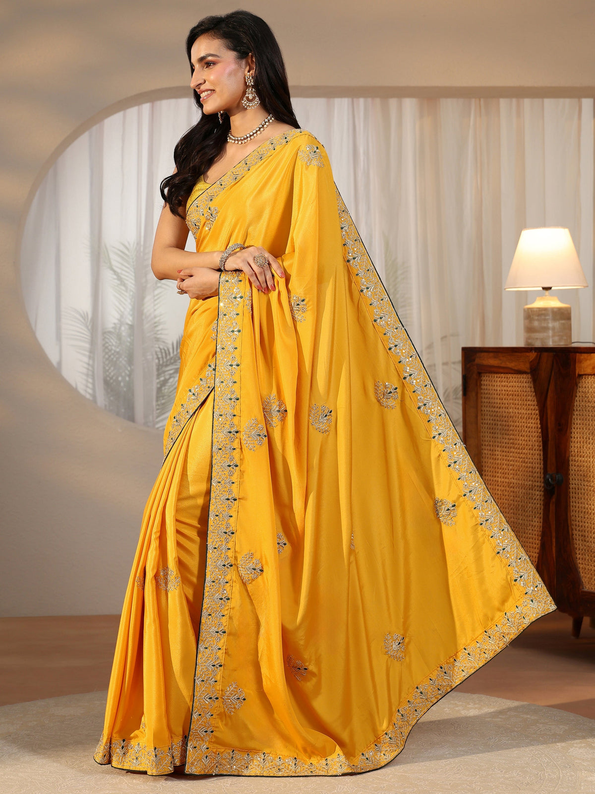 Anouk Mustard Floral Embroidered Satin Saree