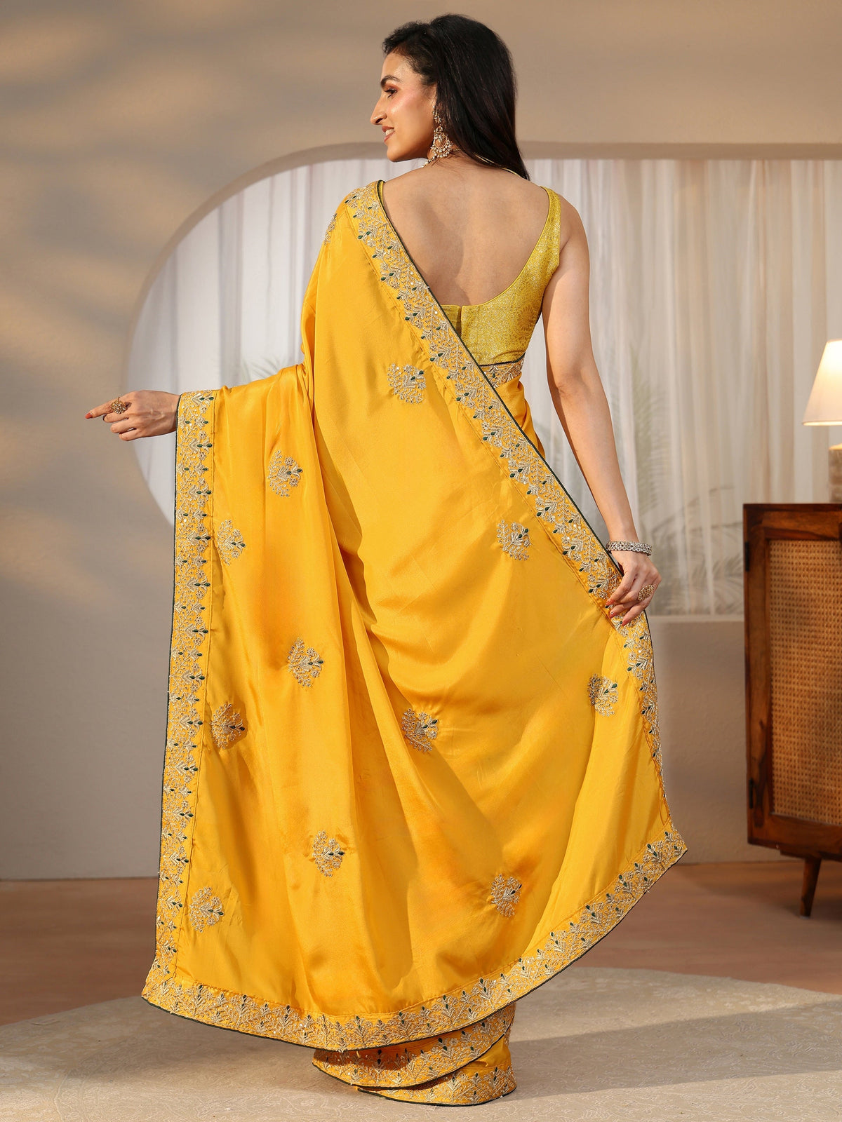 Anouk Mustard Floral Embroidered Satin Saree