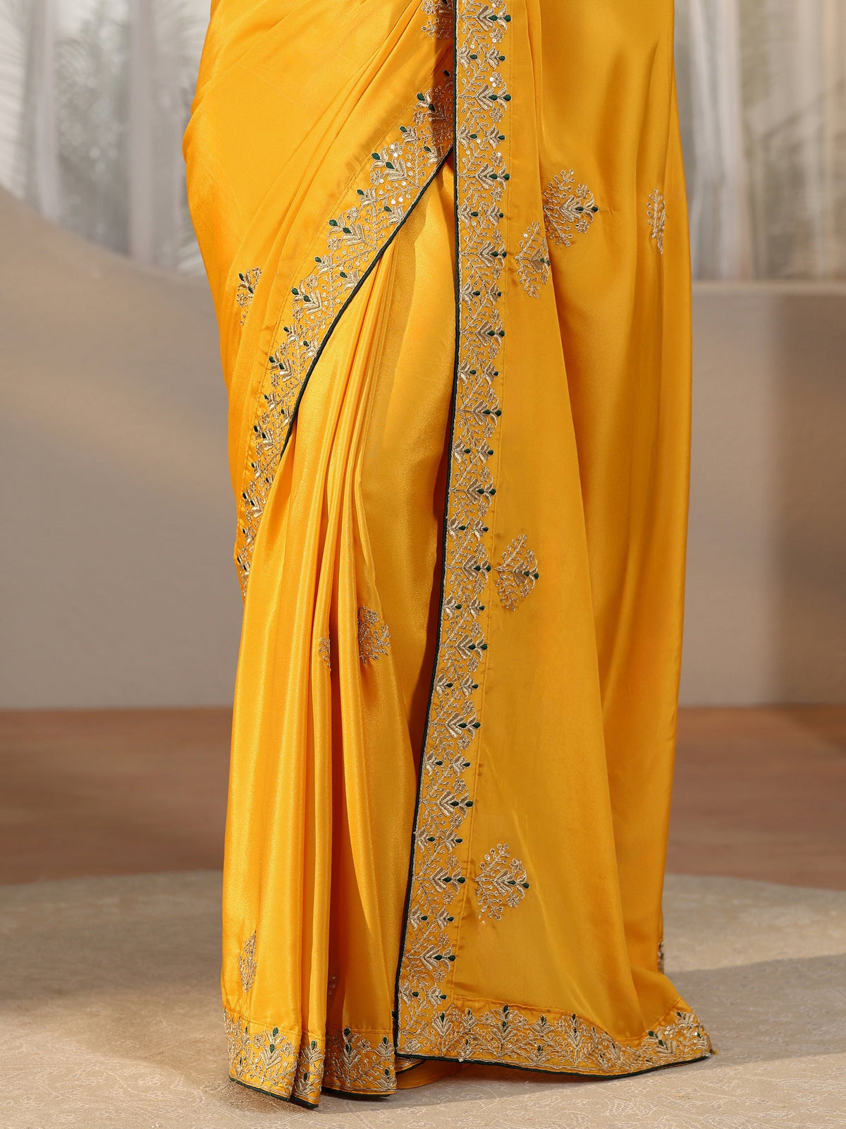 Anouk Mustard Floral Embroidered Satin Saree