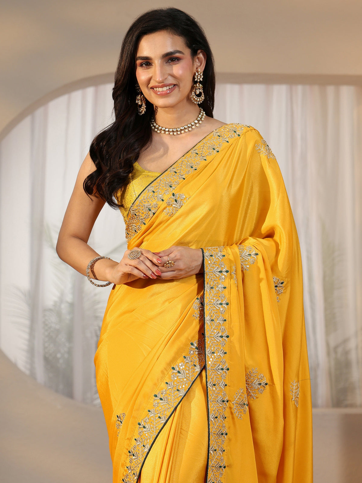Anouk Mustard Floral Embroidered Satin Saree