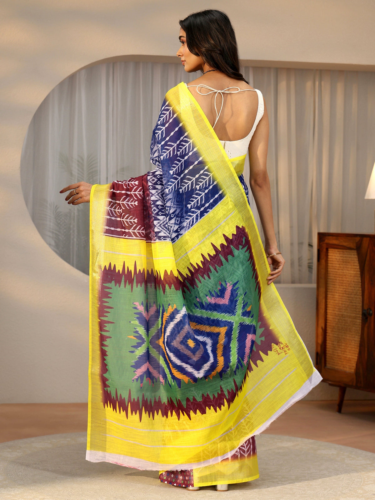 Anouk Multi Colour Ikat Style Printed Cotton Blend Saree
