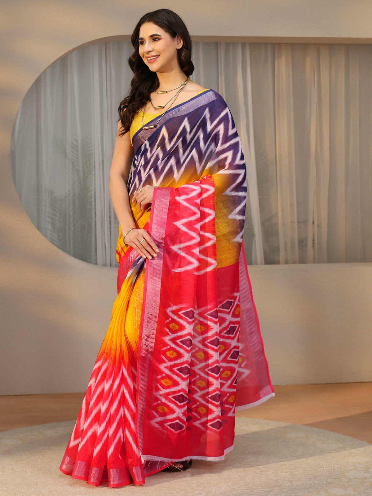Anouk Multi Colour Ikat Style Chevron Printed Cotton Blend Saree