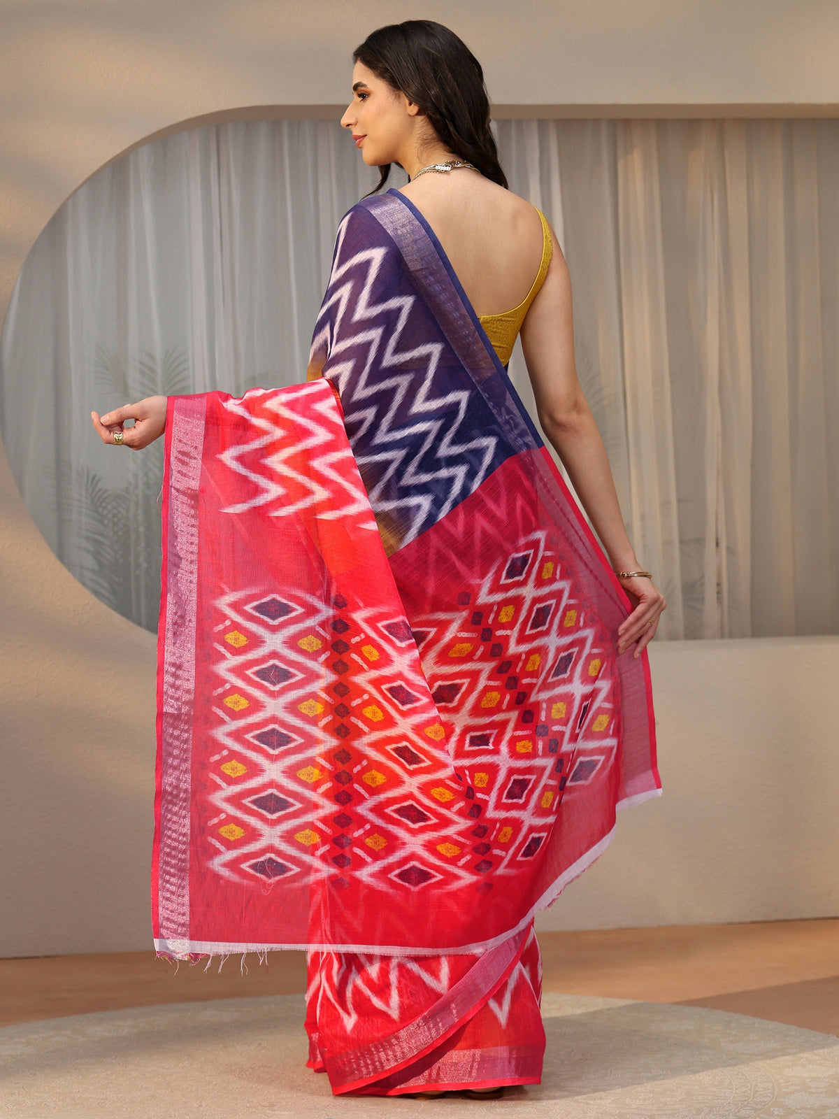 Anouk Multi Colour Ikat Style Chevron Printed Cotton Blend Saree
