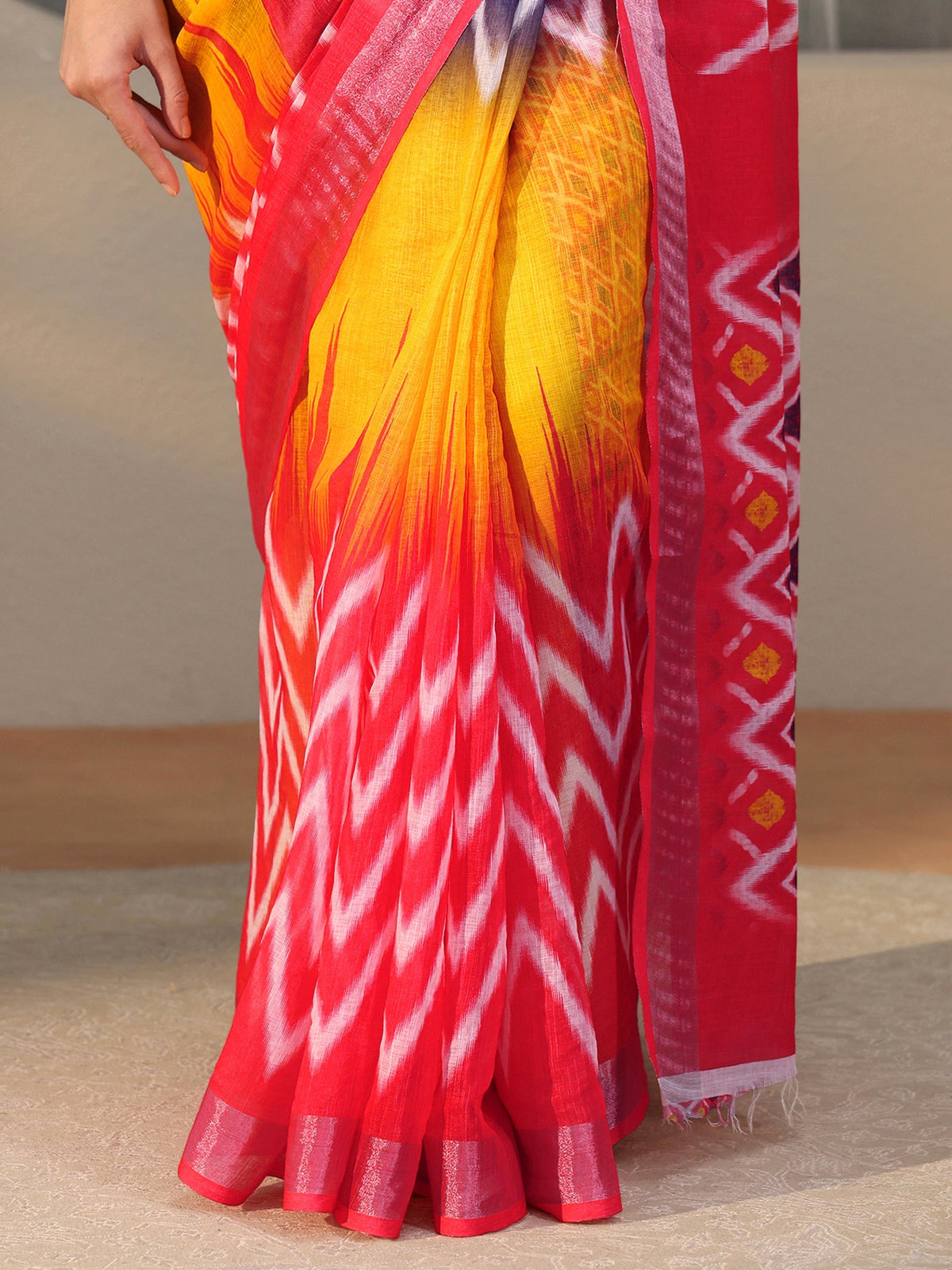 Anouk Multi Colour Ikat Style Chevron Printed Cotton Blend Saree