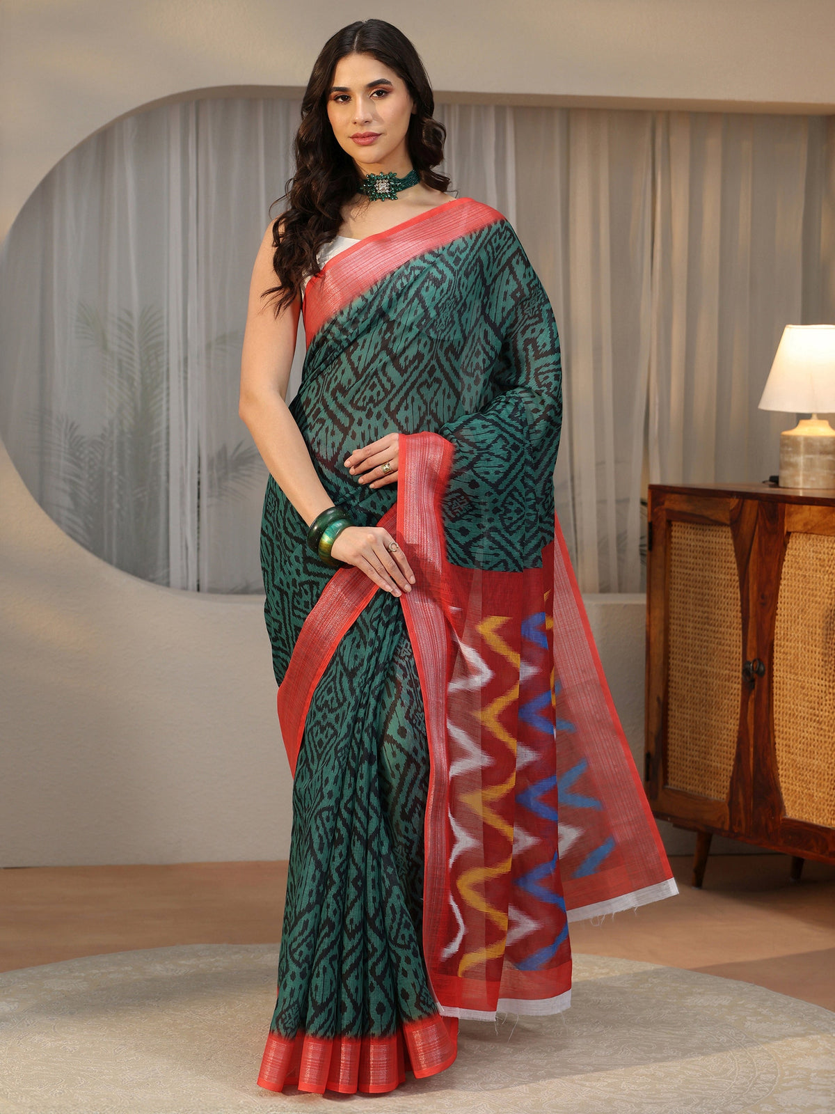 Anouk Multi Colour Ikat Style Chevron Printed Cotton Blend Saree