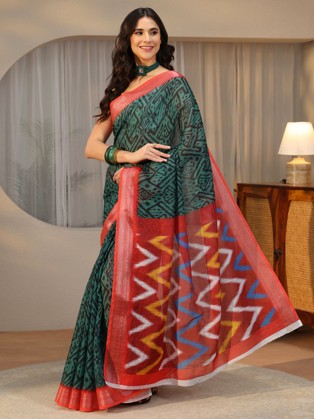 Anouk Multi Colour Ikat Style Chevron Printed Cotton Blend Saree