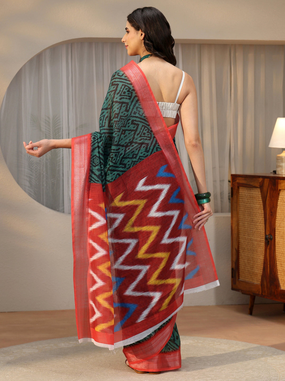 Anouk Multi Colour Ikat Style Chevron Printed Cotton Blend Saree