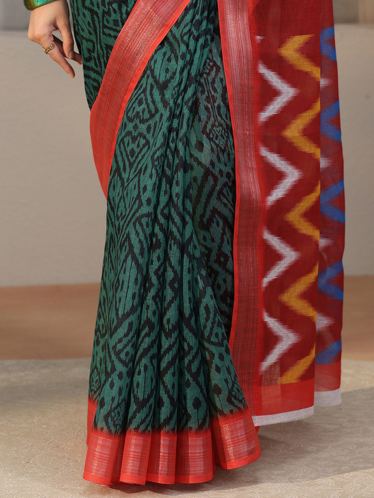 Anouk Multi Colour Ikat Style Chevron Printed Cotton Blend Saree