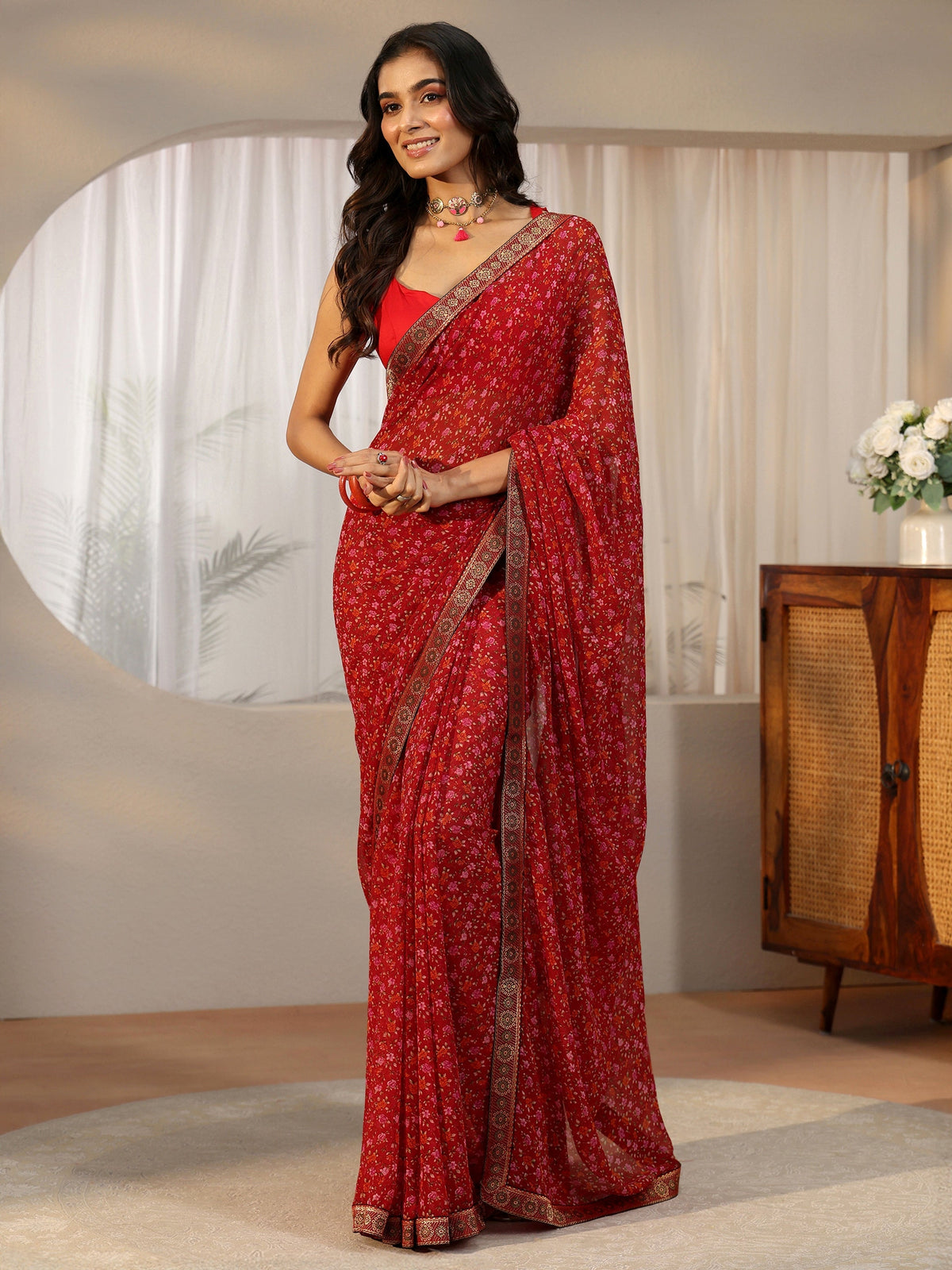 Anouk Crimson Red Floral Printed Georgette Saree