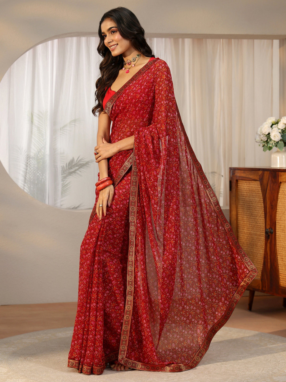 Anouk Crimson Red Floral Printed Georgette Saree