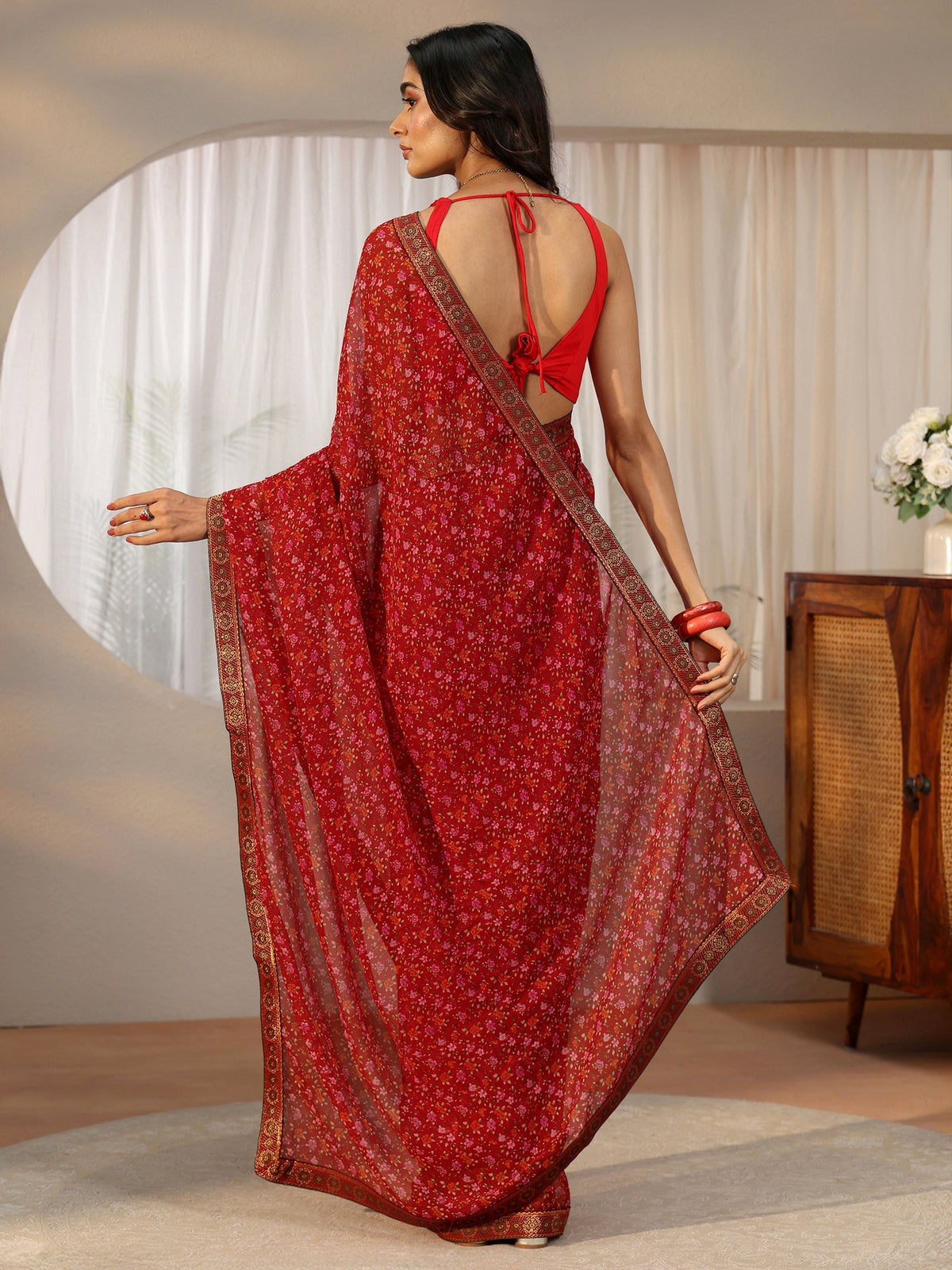 Anouk Crimson Red Floral Printed Georgette Saree