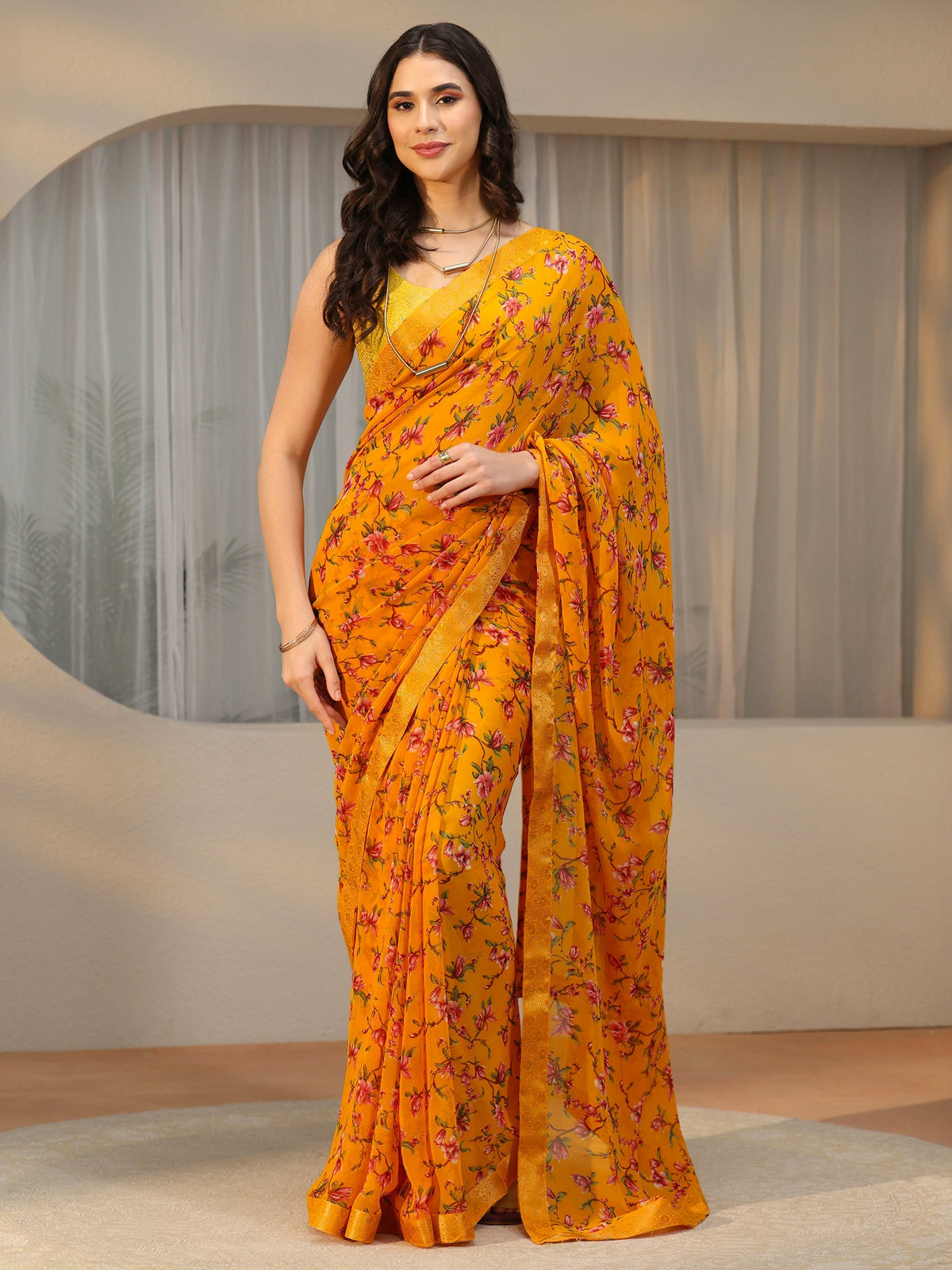 Anouk Mustard Floral Printed Georgette Saree