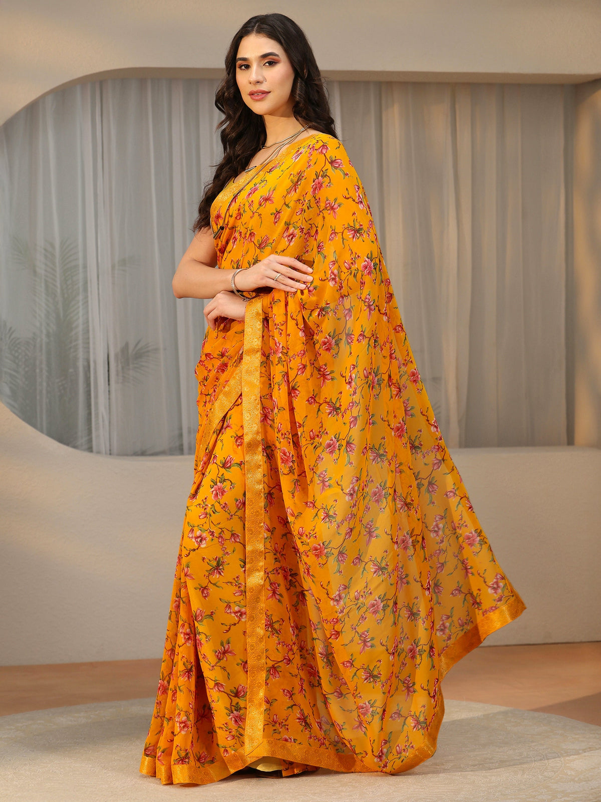 Anouk Mustard Floral Printed Georgette Saree