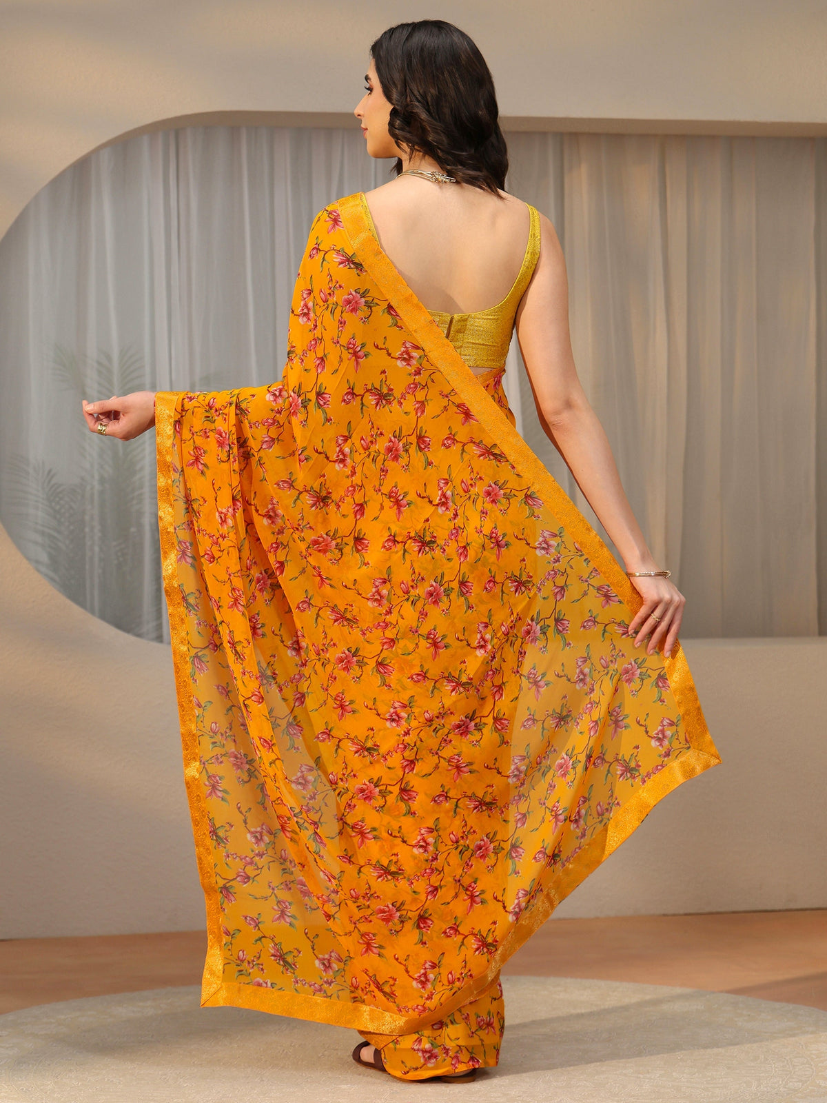 Anouk Mustard Floral Printed Georgette Saree