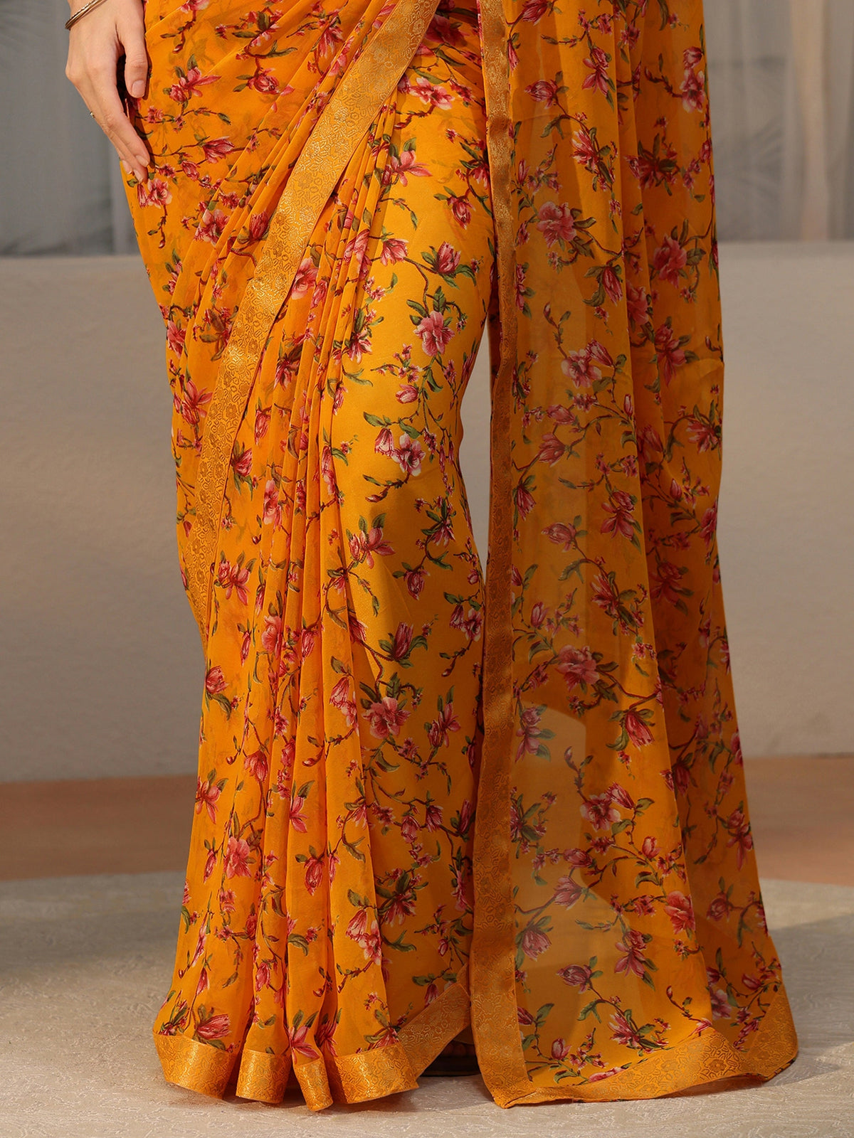 Anouk Mustard Floral Printed Georgette Saree