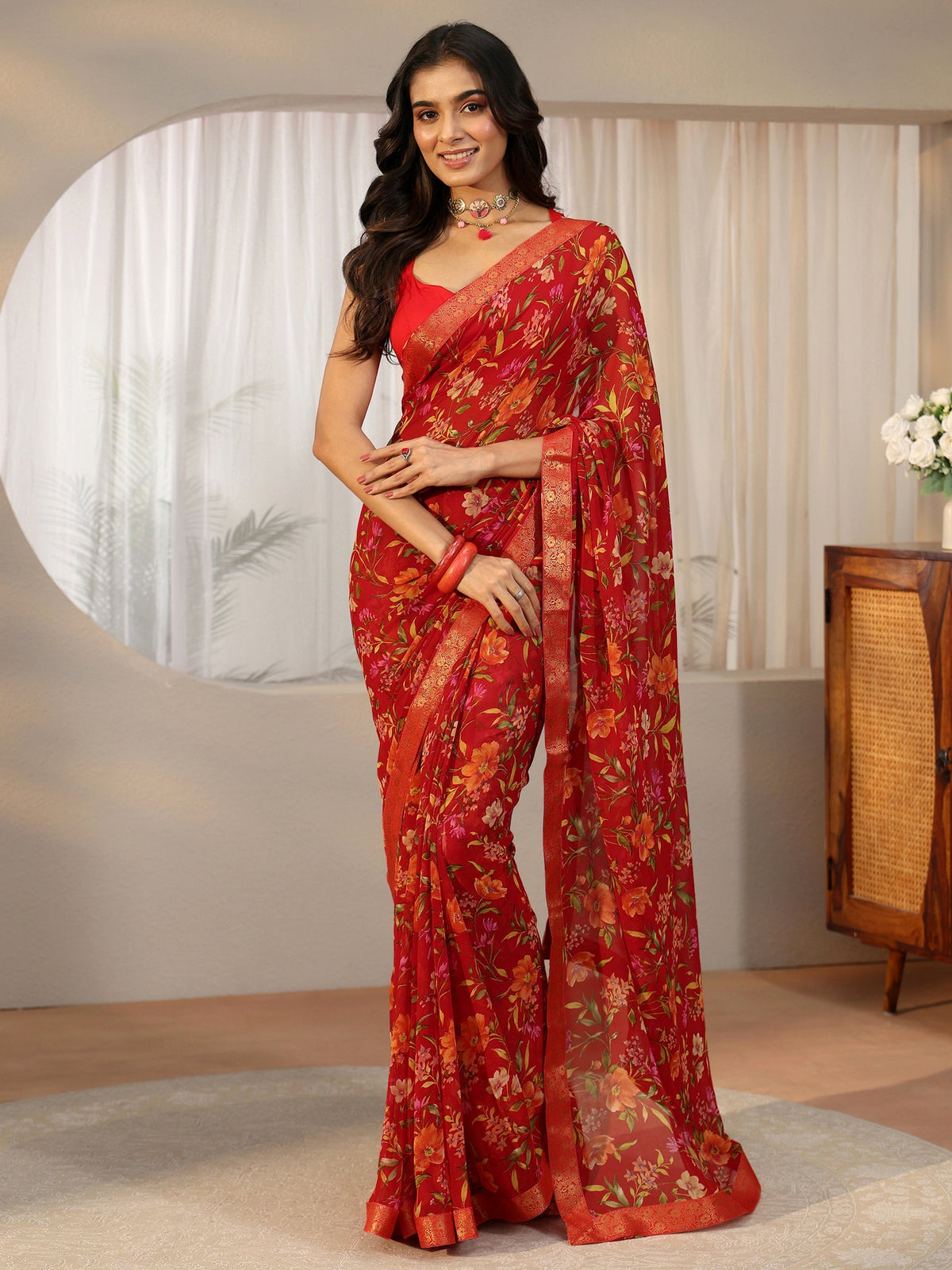 Anouk Vermilion Red Floral Printed Georgette Saree