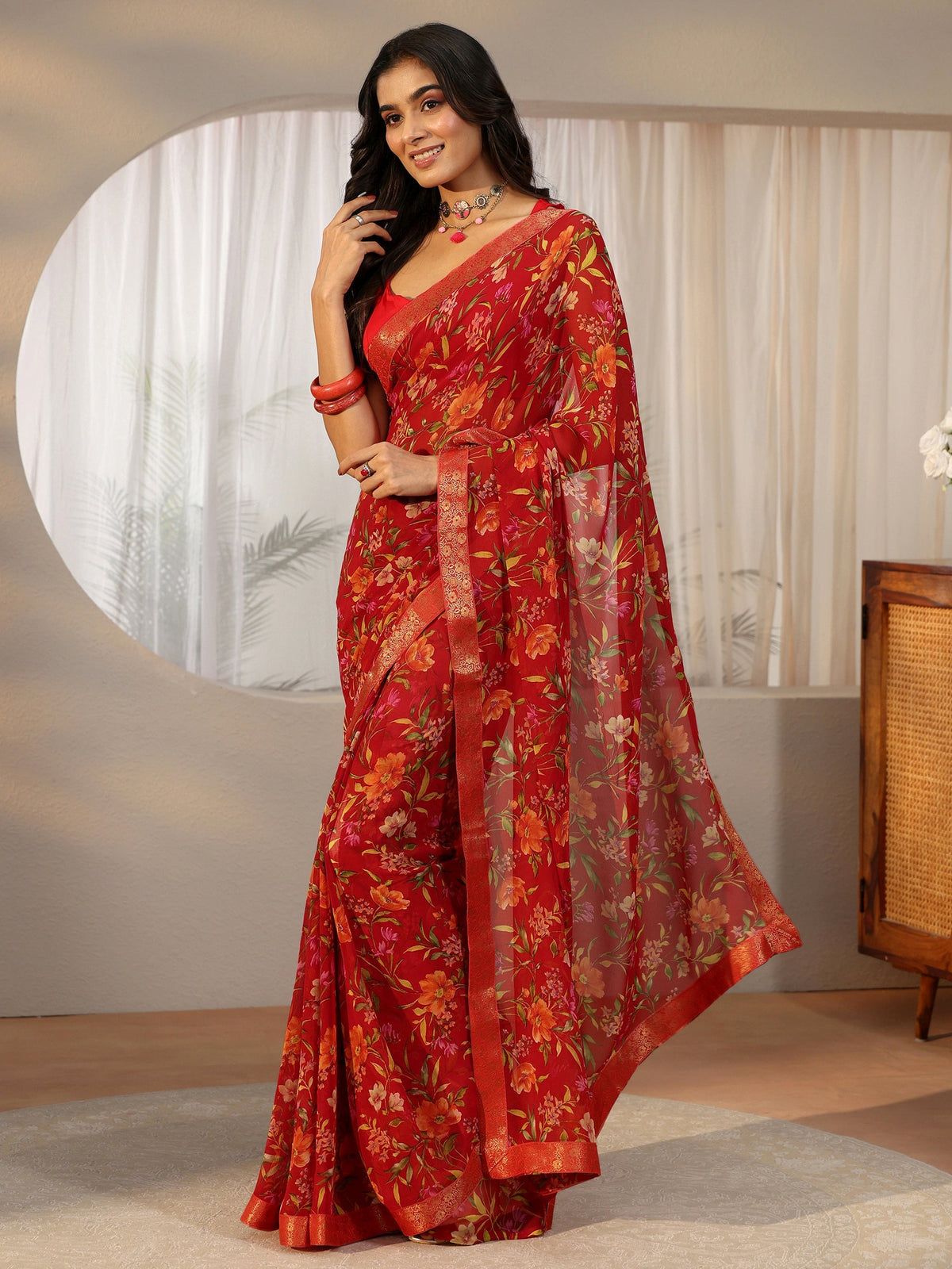 Anouk Vermilion Red Floral Printed Georgette Saree