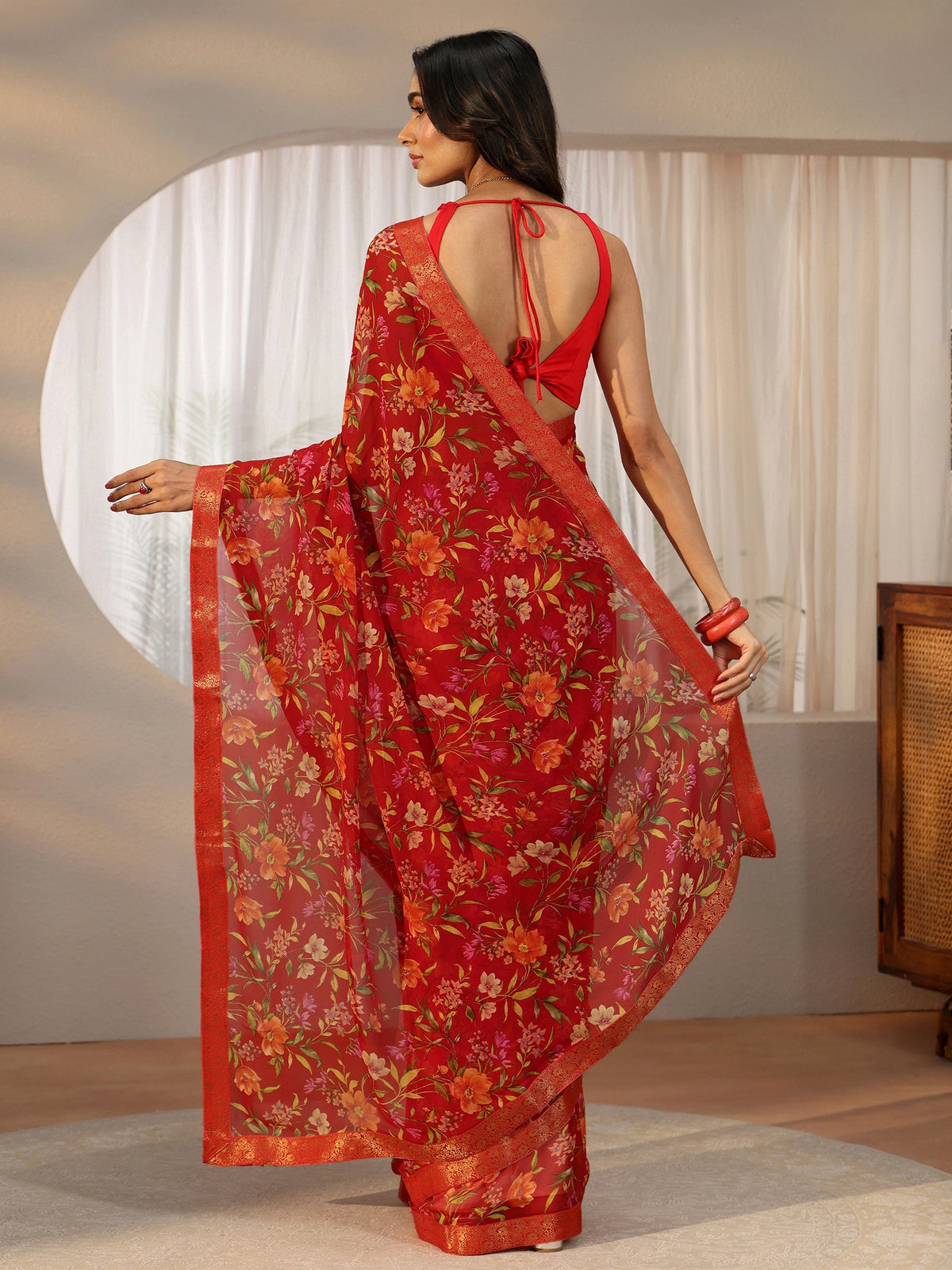 Anouk Vermilion Red Floral Printed Georgette Saree